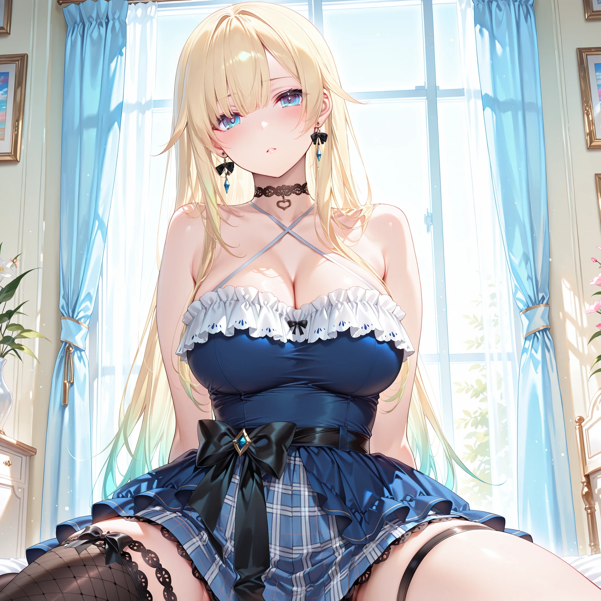 solo,masterpiece,best quality,super fine illustration、finely detail 、clear picture、UHD、HDR, amazing quality, highres, absurdres, very aesthetic, high resolution, ultra detailed, perfect details,vspoema,,large breasts,blue eyes,blonde hair,gradient hair,long hair,earring,vspoemacos,blue dress,criss-cross halter,chest frills,waist black bow,layered skirt,plaid skirt,single thigh band,lace thigh band,single thighhigh,black thighhigh,fishnet,lace choker,looking at viewer,(masterpiece, detailed:1.2),white shoulder straps,、