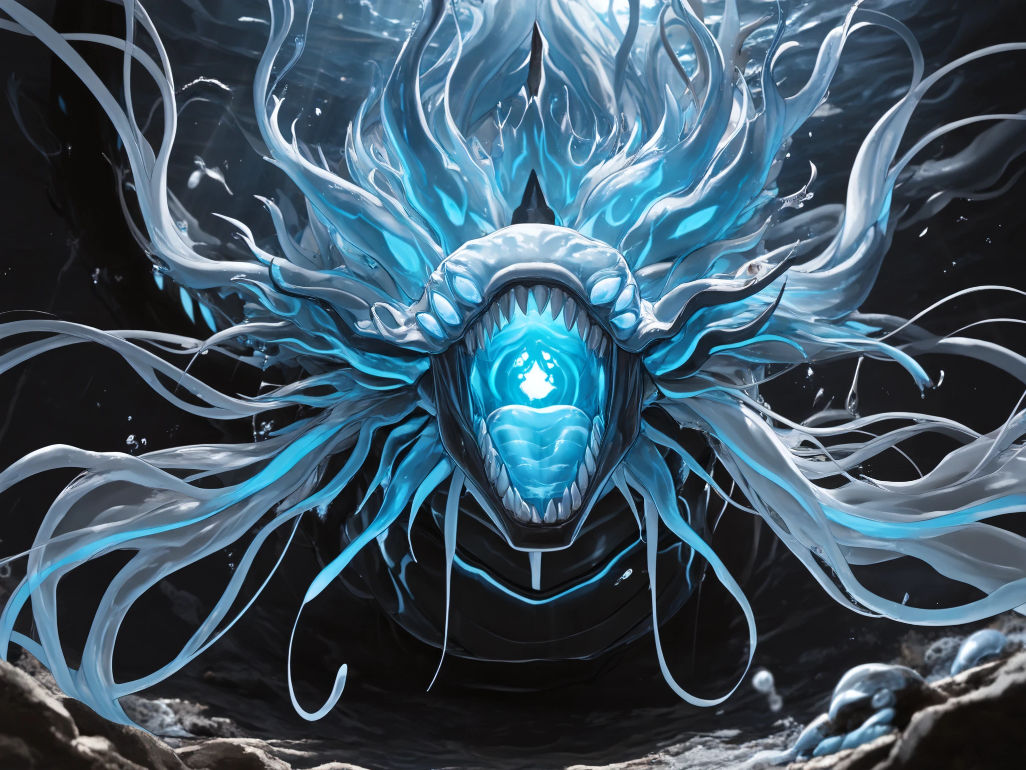 masterpiece, ultra highres, best quality, terrifying deep sea monster, glowing bioluminescent patterns, razor-sharp teeth, multiple eyes, serpentine body, (looking directly at viewer:1.2), menacing expression, dark ocean depths, ethereal blue bioluminescence, translucent jellyfish floating nearby, small fish scattering in fear, volumetric light rays, murky water atmosphere