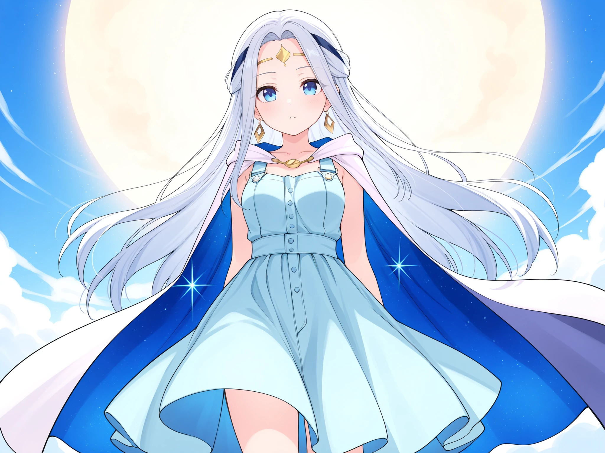 Anime Girl,Wearing a light blue dress,skirt like flowing clouds,A calm and determined charm,with a transparent、cape with glitter particle effects。
Accessories:wears a crystal with a shining shimmer of light on her forehead,Two silver hair bands that are as light as clouds hang down the sides of her ears,wears a blue silk band symbolizing the sky around her waist。
Color:. The main colors are sky blue and silver white,is complemented by light purple and a little bit of gold,The overall presentation is fresh、, and an elegant and powerful visual feeling。
Overall style :The overall image is flowing and dynamic,Like a messenger with the sky and power,, her eyes are gentle and focused ,It also has a strong atmosphere,exudes a calm and firm charm。