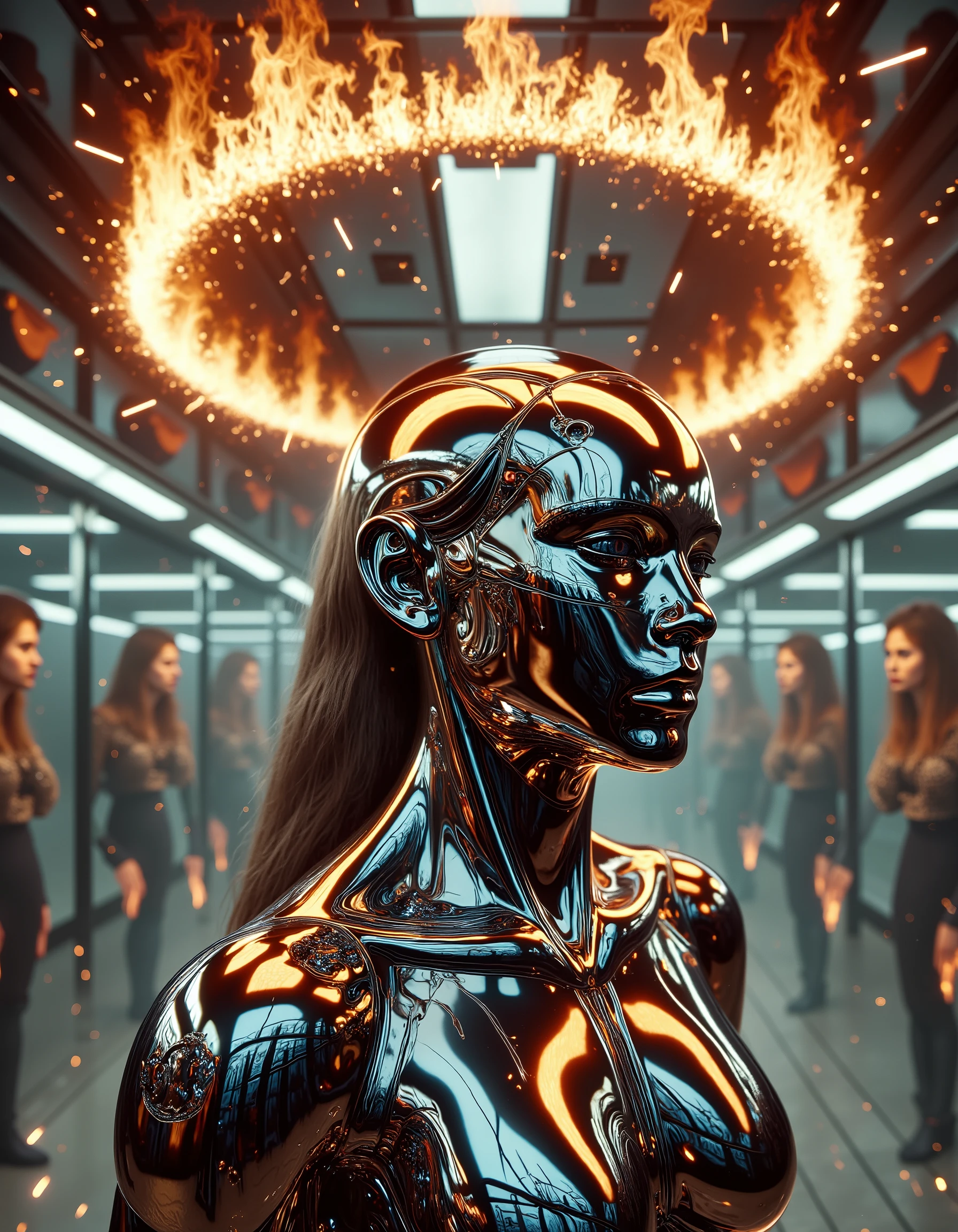 A surreal kaleidoscope of mirror images of a woman with a rotating ring of fire above her head, like a halo. Her face is hidden by smoke, and faint sparks fly by. There is a mirrored wall in the background. Religious and futuristic fusion style.