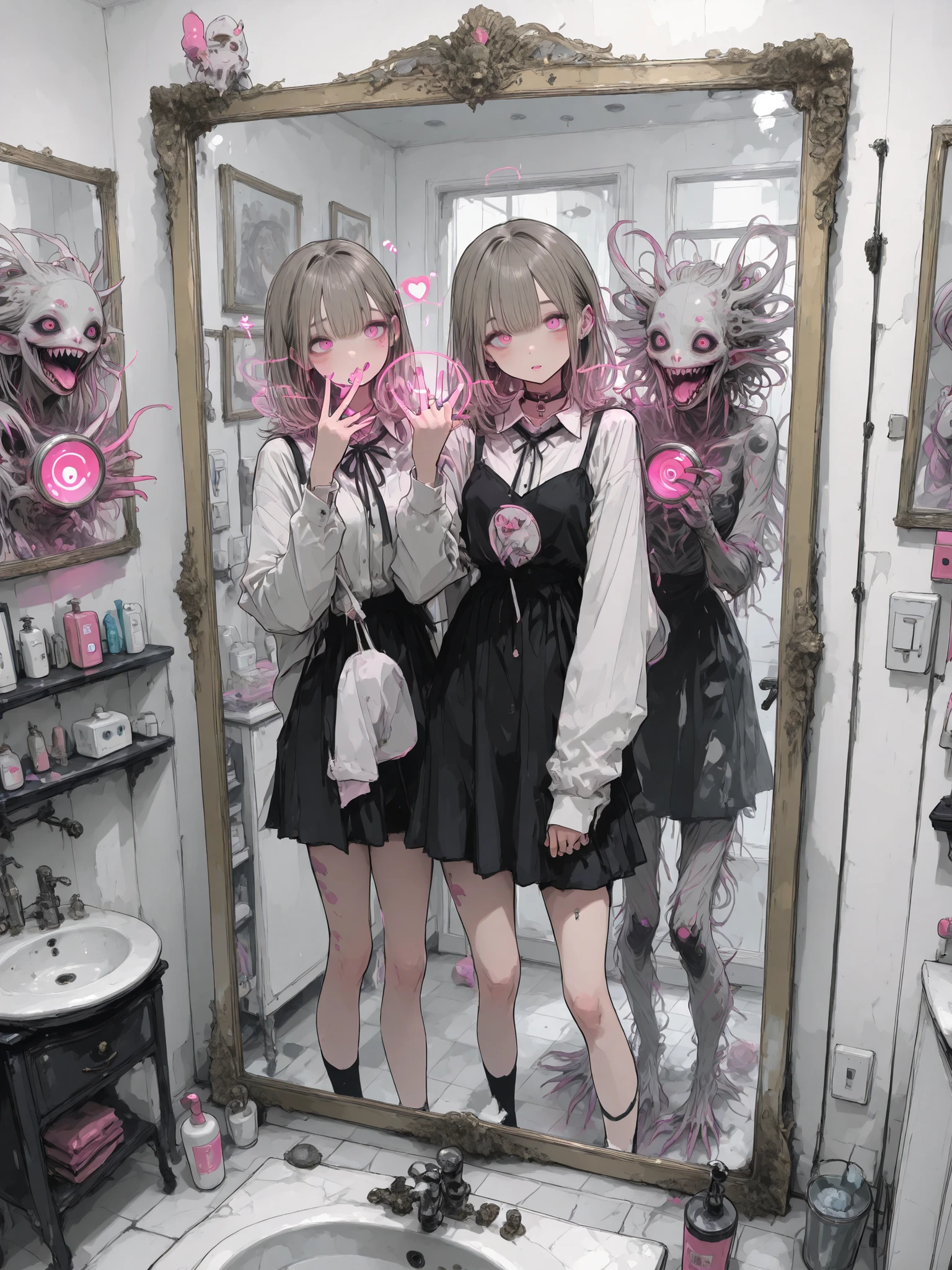 high quality image、high quality、Cute、A girl stands in front of a mirror with a flickering outline、Monster in the mirror