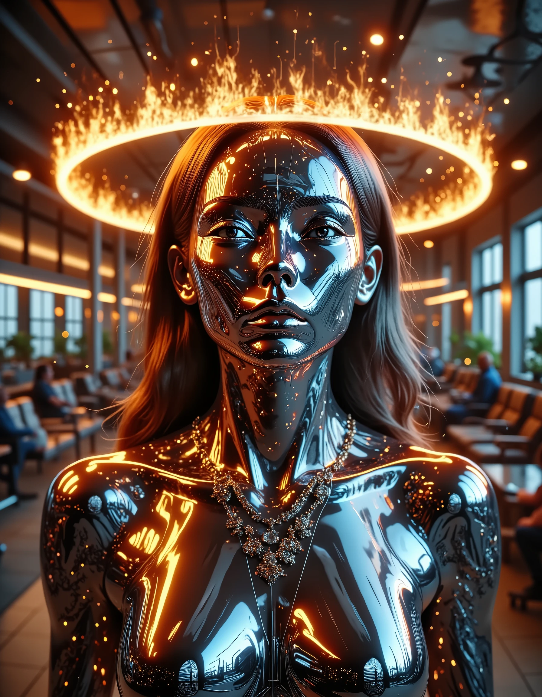 A surreal kaleidoscope of mirror images of a woman with a rotating ring of fire above her head, like a halo. Her face is hidden by smoke, and faint sparks fly by. There is a mirrored wall in the background. Religious and futuristic fusion style.