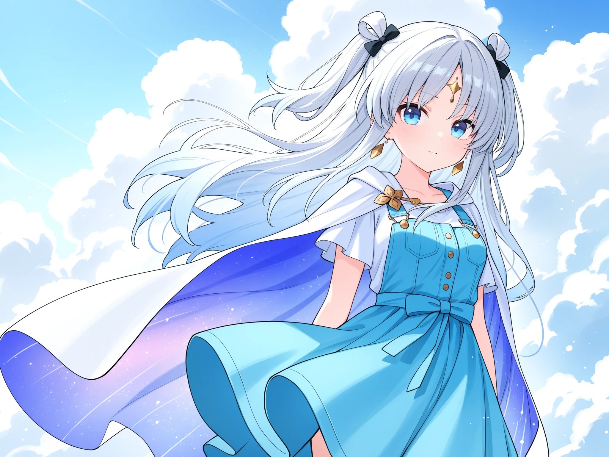 Anime Girl,Wearing a light blue dress,skirt like flowing clouds,A calm and determined charm,with a transparent、cape with glitter particle effects。
Accessories:wears a crystal with a shining shimmer of light on her forehead,Two silver hair bands that are as light as clouds hang down the sides of her ears,wears a blue silk band symbolizing the sky around her waist。
Color:. The main colors are sky blue and silver white,is complemented by light purple and a little bit of gold,The overall presentation is fresh、, and an elegant and powerful visual feeling。
Overall style :The overall image is flowing and dynamic,Like a messenger with the sky and power,, her eyes are gentle and focused ,It also has a strong atmosphere,exudes a calm and firm charm。