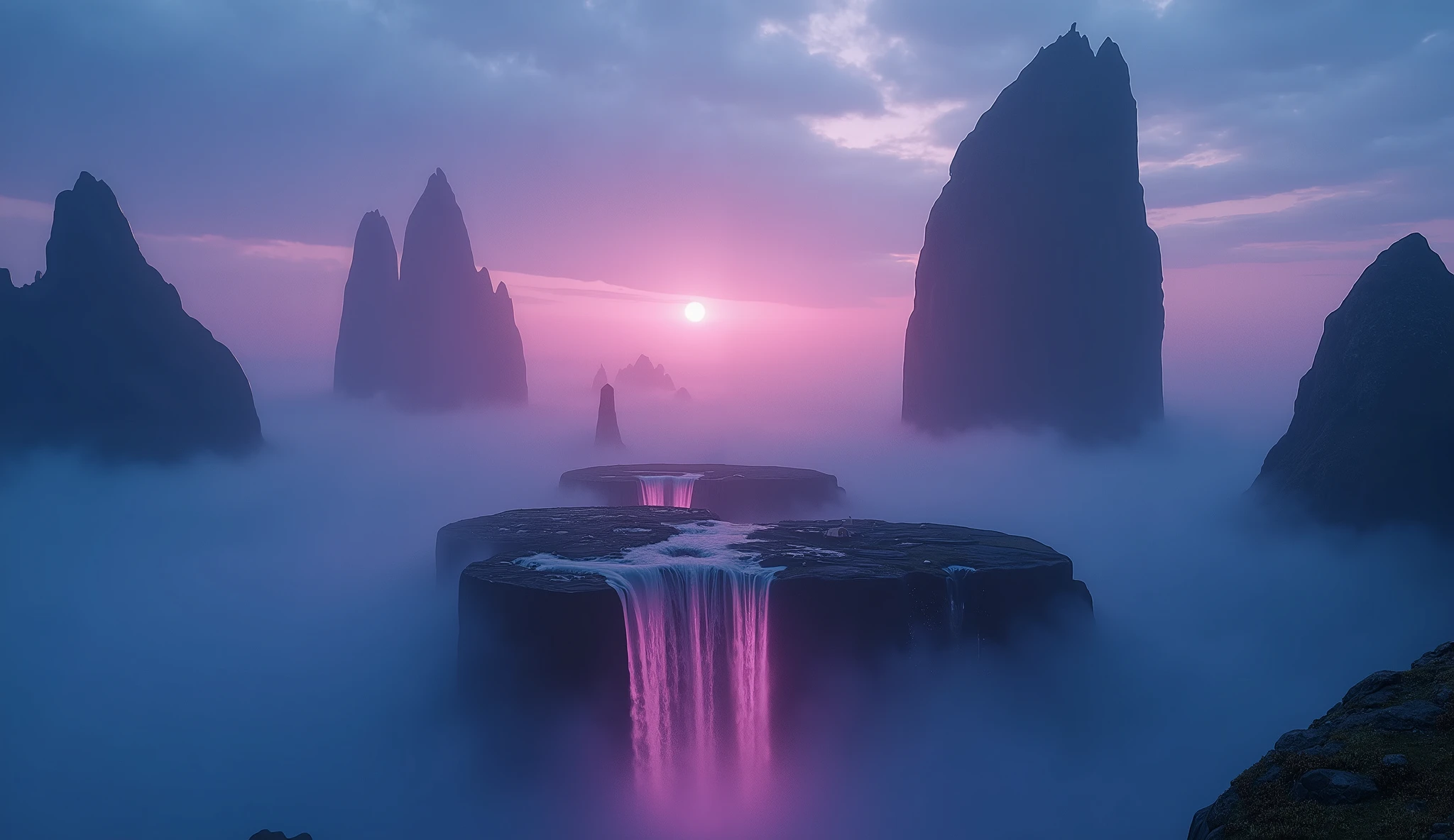 Surreal cinematic dreamlike landscape with floating islands and glowing waterfalls under a twilight sky, ethereal mist swirling between towering rock formations, ultra-wide angle shot with soft focus effects