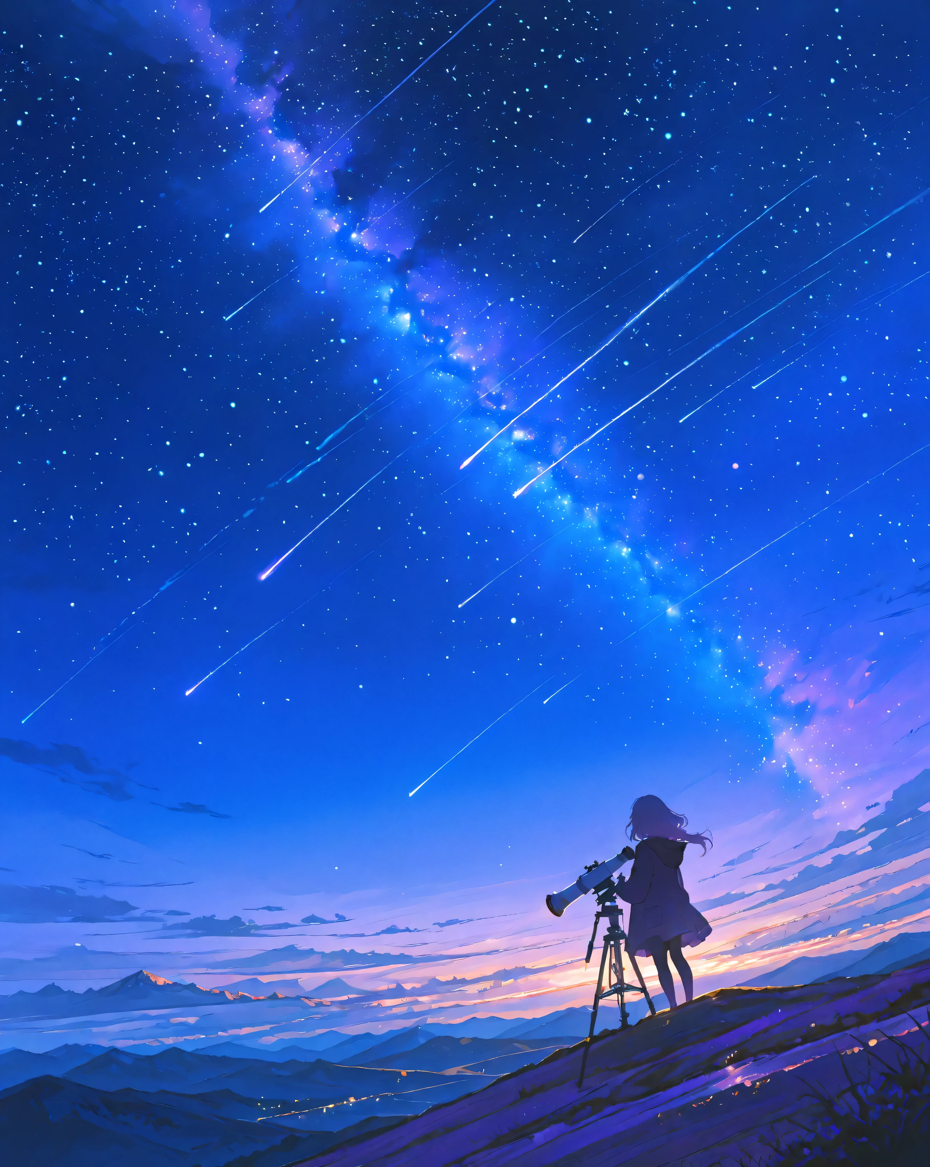 ultra detailed anime illustration, girl silhouette stargazing with a telescope on a mountain ridge, expansive night sky filled with stars and the Milky Way, meteor shower streaking across the sky, dreamy and serene atmosphere, wide angle composition, cinematic lighting, vibrant blue and purple hues, high resolution