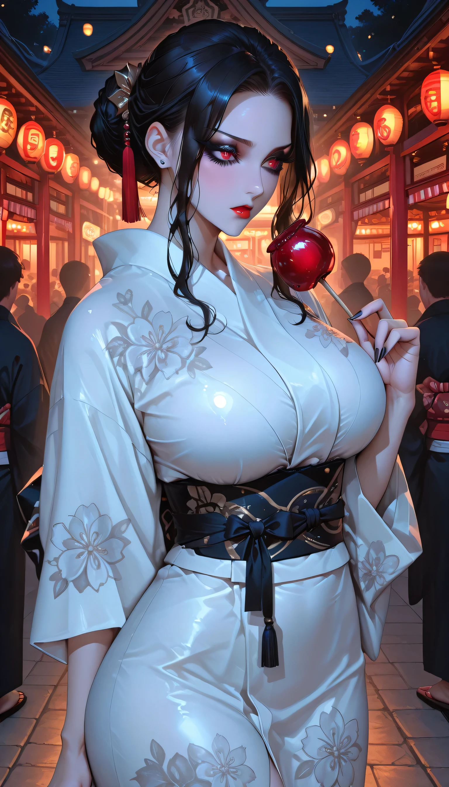 score_9, score_8_up, score_7_up,amazing quality,source_anime,morimee_style,highly detailed,sharp face,clear eyes,woman,adult woman,,break,muzan kibutsuji,beautiful detailed red_eyes,gigantic_breasts,voluptuous_body,big eyes,Eyelash extensions,long lower eyelashes,black_hair,(pulled-back-hair:1.1),single hair bun,hair ornament,shy,,yukata,black eyeliner,black eyeshadow,Black nails,black_mascara,red_lips,wide_hips,candy apple,standing,shrine,carnival,crowds midnight,moonnight,high_contrast,Cinematic Lighting 