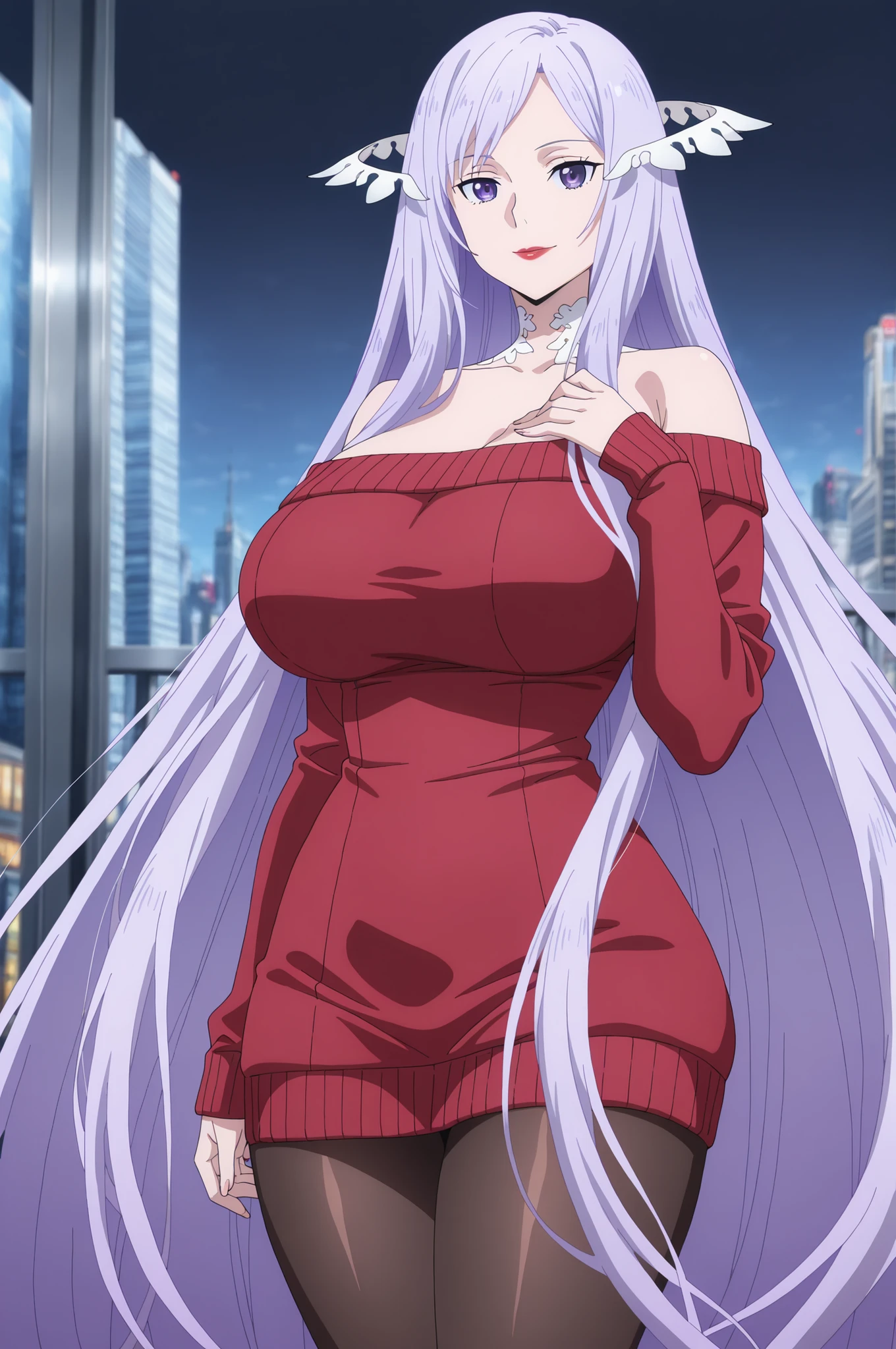 newest , masterpiece , anime screencap , anime coloring , quinella, 1girl, adult female, long hair, light purple hair, purple eyes, huge breasts, big butt, ((off shoulder , off-shoulder dress , off-shoulder sweater , pantyhose , red sweater , sweater , sweater dress , thighs,)), smile, lips, Red lipstick, view detailed body, (((Sexy,))), city,