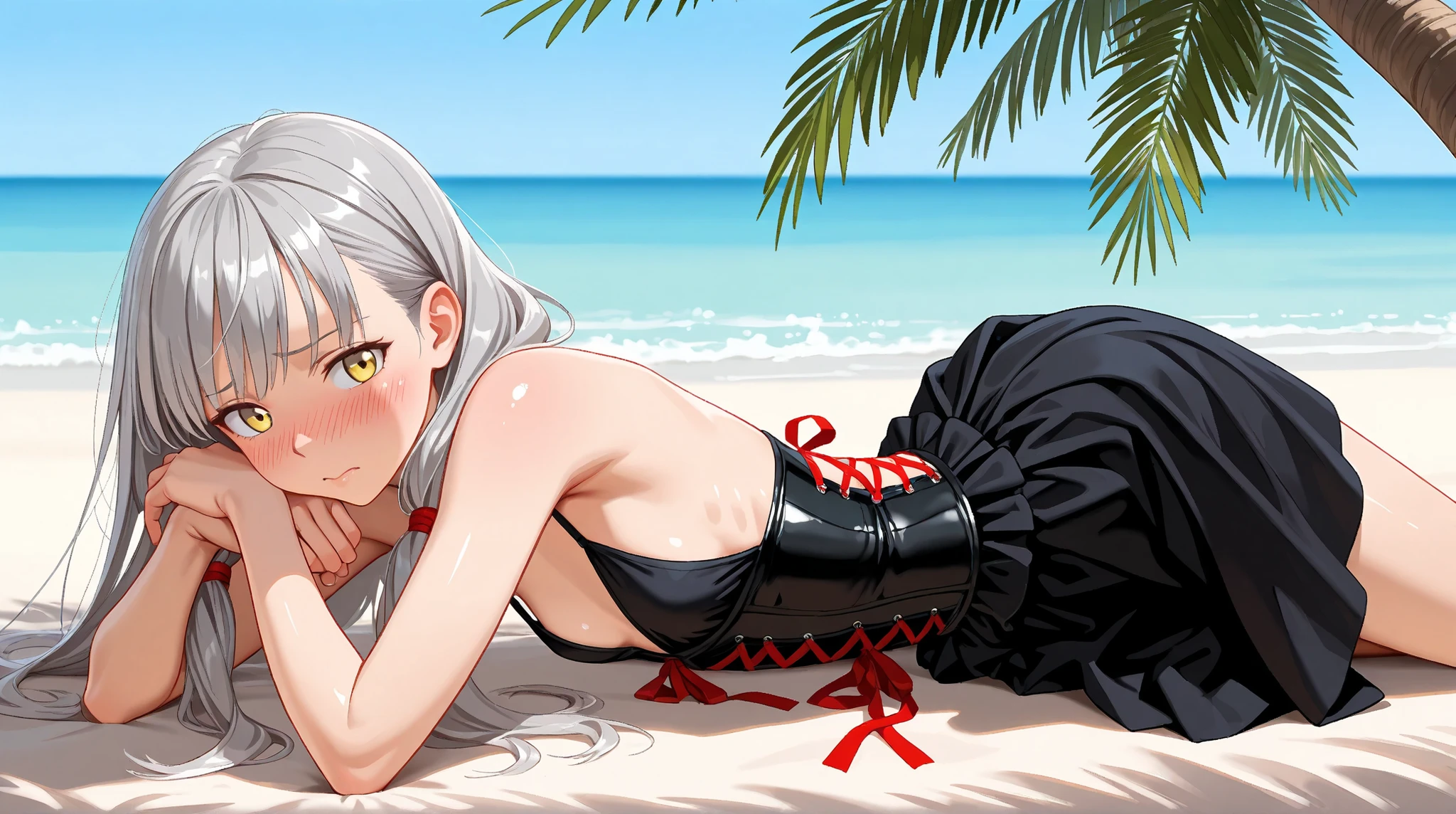 8K (high resolution) (Super Detailed) (masterpiece) (Highest Quality) anime illustration detailed eyes detailed face Feminine Detailed Hands Delicate hair detailed wrinkles on clothes fine skin detailed background early 10s yellow eyes girl's appearance (Grey Hair) Long hair tie my back hair with a red ribbon bungs (small ) Flushed cheeks Embarrassing Expression Black Summer Dress corset Sheer Skirt Beach Under the palm trees with her back turned here Dynamic Angles