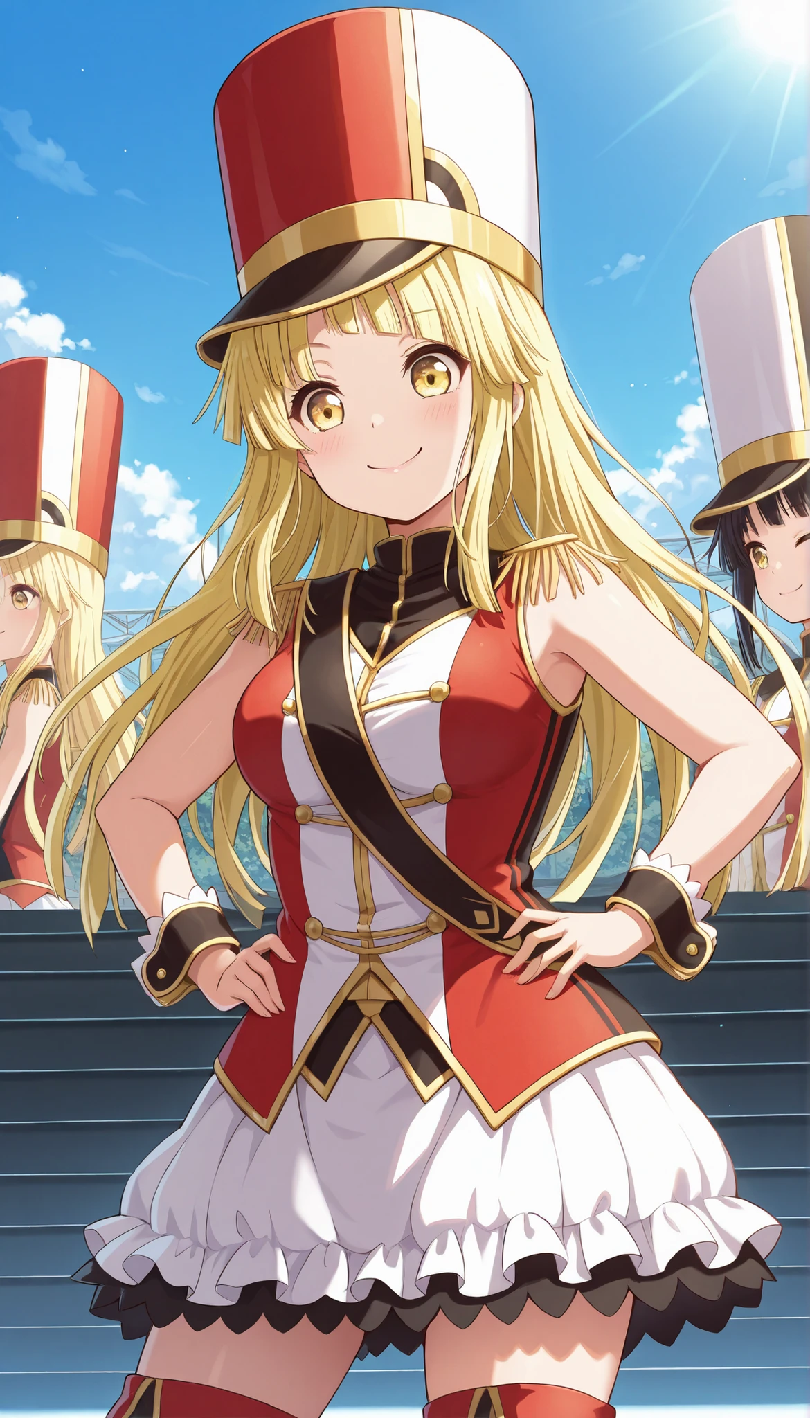 Volumetric Lighting, (masterpiece), (best quality), (ultra-detailed), illustration, ((disheveled hair, very good hair))), detailed eyes, perfect composition, moist skin, intricate details, very good lighting BREAK, Tsurumaki Kokoro, long hair, blonde hair, yellow eyes BREAK, kokorohhw, hhw skirt, hhw shako cap, hhw band uniform, hhw wrist cuffs, hhw thigh boots, smile,closed mouth,rouge lips, wink ,hands on hips ,outdoor live stage, blue sky ,cowboy shot