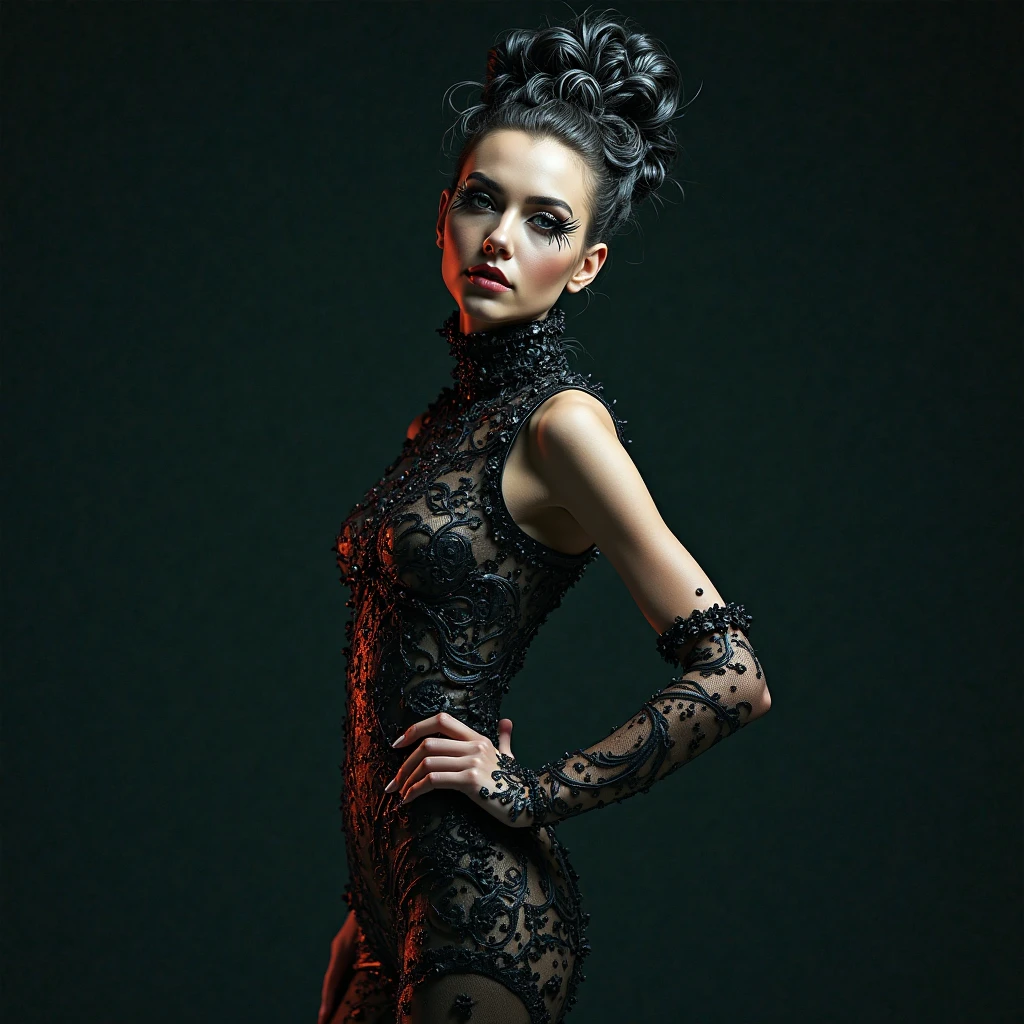 A stunning, high-realistic, studio photograph of a slender scandinavian skinny scandinavian woman, (Ingrid Mueller) 35 years old, goth woman. black dyed hair , sidecut and braided hairstyle dancing, pale skin. tattoos .  gothic make-up, dancing . clothed only in intricately draped, flowing black silk scarves, evoking a sense of elegance and grace. Captured in a monochromatic color palette, the black and white tone amplifies the textures and shadows, adding depth to the fluid, energetic movement of the subject. Soft, diffused lighting accentuates the woman's sinuous curves, as her slender limbs seem to blur in motion, exuding a sense of freedom and joy.