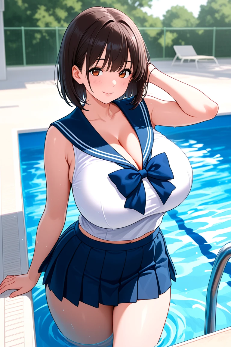 (((topless))), (((nipples))),  (((pussy))), (((open legs))), (large breast), (((cleavage))),  ((smooth texture, realistic texture, photorealistic)),  ((Detailed beautiful eyes, beautiful eyelashes, realistic eyes)), extremely detailed CG unified 8k wallpaper, very fine 8KCG wallpaper, (​masterpiece, Best Quality), High resolution, Ultra-detailed, ultra-sharp, 1 girl, full nude,Naked, at poolside,  ((( sheer white sailor shirt, Sleeveless, open front))), (((navel ))),  (((sheer micro mini skirt))),  (Beautiful face, Cute face, Detailed face),  (((cowboy shot))),  (((Sunny))), perfecteyes eyes