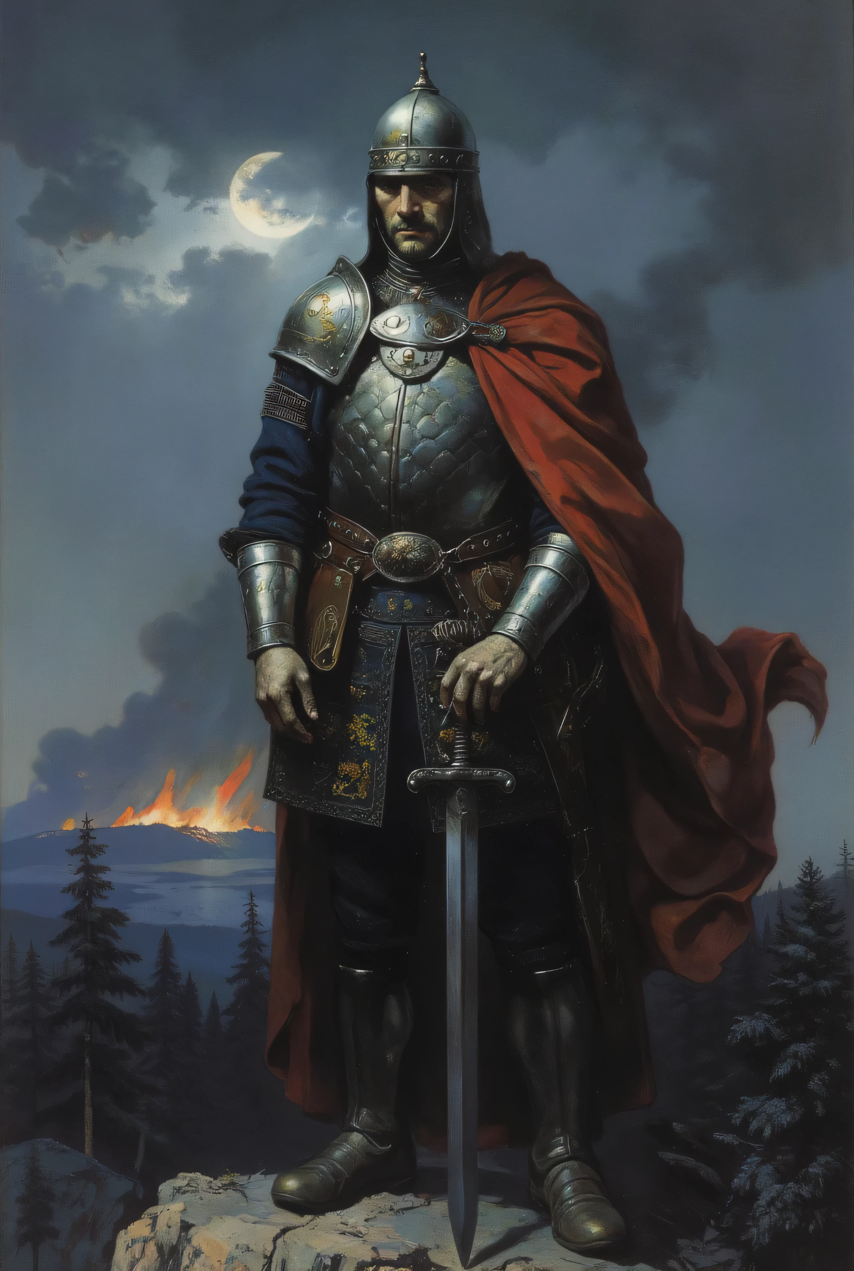Epic full-body portrait of an enigmatic medieval warrior, of imposing bearing and solemn presence, located on a cliff in the middle of the night, with the wind shaking his clothes. He wears a quilted gambeson** helmet, decorated with real motifs of **lions and goats in gold and silver threads. on, a dark blue overcoat, with ragged and torn fabrics, witnessing multiple battles. Above his head he wears a **Haume-type helmet made of steel, burnished but of combat.
His cape Scarlet flutters dramatically, illuminated by the silver light of the moon. This cape, gift of a King for his exploits in past wars, is a symbol of honor and respect. The warrior firmly holds his sheathed sword, with his hand resting on the hilt, transmitting authority and calm.
The stage is a stream in the middle of the winter forest. In the background behind the line of dry trees, a large wall of flames consumes everything in its path, and smoke rises on the horizon. The night sky is covered of heavy clouds, barely allowing the light of the full moon to filter. A faint haze rises from the waves, creating a mystical halo around her. The lighting highlights the details of the embroidery, the textures of metal and fabric, and the determined expression of the warrior, still under the intricately embroidered.
Hyperrealistic and cinematic visual style, influenced by medieval art and historical painting. Cool color palette dominated by blue and gray, contrasting by the intense red of the layer. Dramatic focus with great attention to detail, solemn and heroic atmosphere.