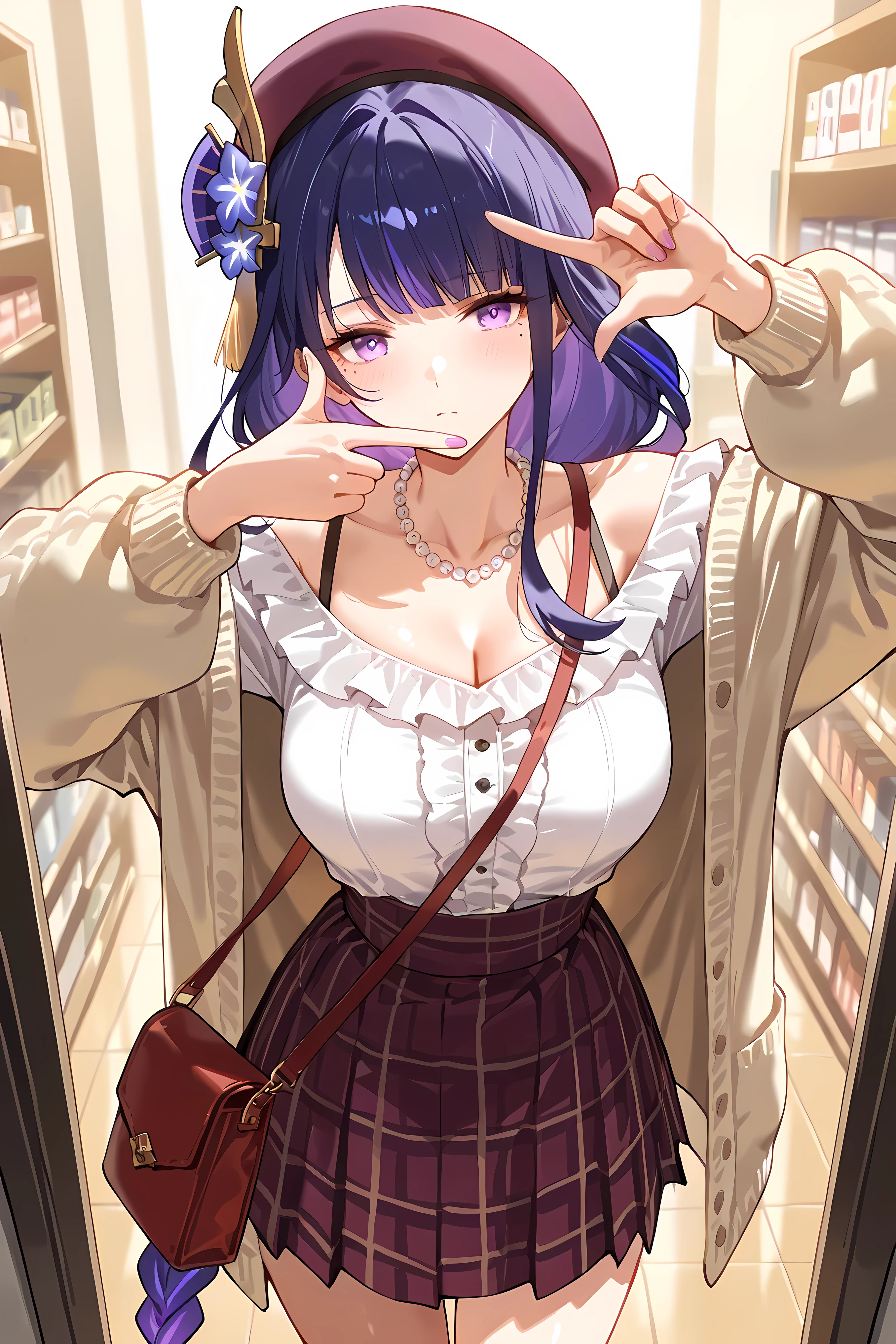 score_9, score_8_up, score_7_up, masterpiece, best quality, very aesthetic, absurdres, tunning image, attractive image, solo, 1girl, adult grown woman, raiden shogun \(Genshin Impact\), aiden_shogun, purple eyes, purple hair, very long hair, mole, mole under eye, hair ornament, braid, braided ponytail, hair flower, ribbon, medium breasts, masterpiece,best quality,amazing quality, ero404, 5 fingers, shiny skin, alternate costume, vintage oversized cardigan, white ruffled blouse, high-waisted plaid skirt, black skirk, purple beret hat, pearl necklace, crossbody satchel bag, soft autumn color palette, old bookstore background, anime aesthetic, finger frame,