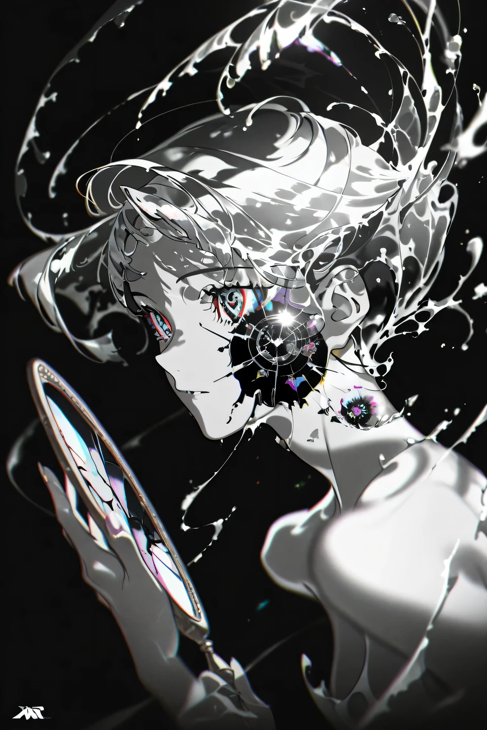 (masterpiece , best quality:1 . 4) , ((The Face in the Mirror, mirror scene)), 2.5D Style, Yoneyama Artstyle, yoneyama_mai, colorful surreal, abstract, floating hair,liquid hair, greyscale, blurry, colorful, chromatic aberration, paint splatter, paint, shattered mirror, golden ratio composition, ambient light, high contrasts lighting, pure black background, neon color, side view, broken, holding mirror
