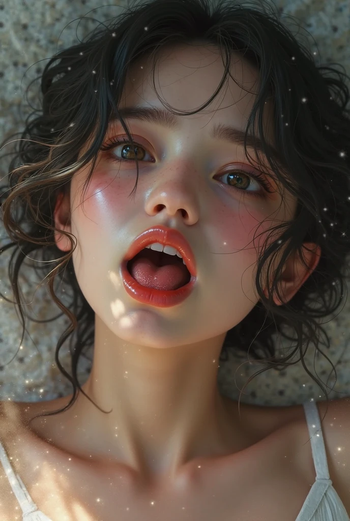 ,1 girl、Taylor Hill、1 girl、UHD, retina, ccurate, masterpiece, anatomically correct, super detail, textured skin, high details, high quality, highres, 8k、、Big double eyes、nose、the focus is on the mouth、close-up focus on face、Woman with open mouth and closed eyes、18-year-old、Black Hair、tongue out, tongue, saliva trail, drooling, , long tongue, oral invitation,  hair pulled back, Gray background,Half backlight,
