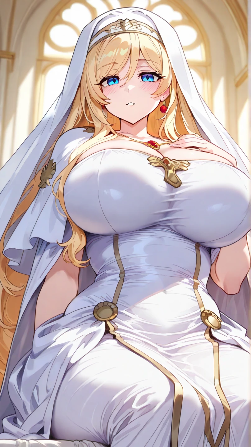 Standing, big breasts, plump, pretty face, thick body, blonde hair, hands covering eyes, seductive expression, showing a happy smile, showing armpits, masterpiece, super mass, 4k quality, high detail, elf mother, black nun turban, lace skirt, cleavage, white tights, sweaty, hands on the back of the head, lying on the ground, wet clothes, see-through, water vapor, elevation view, add_detail:1.5,erect nipples