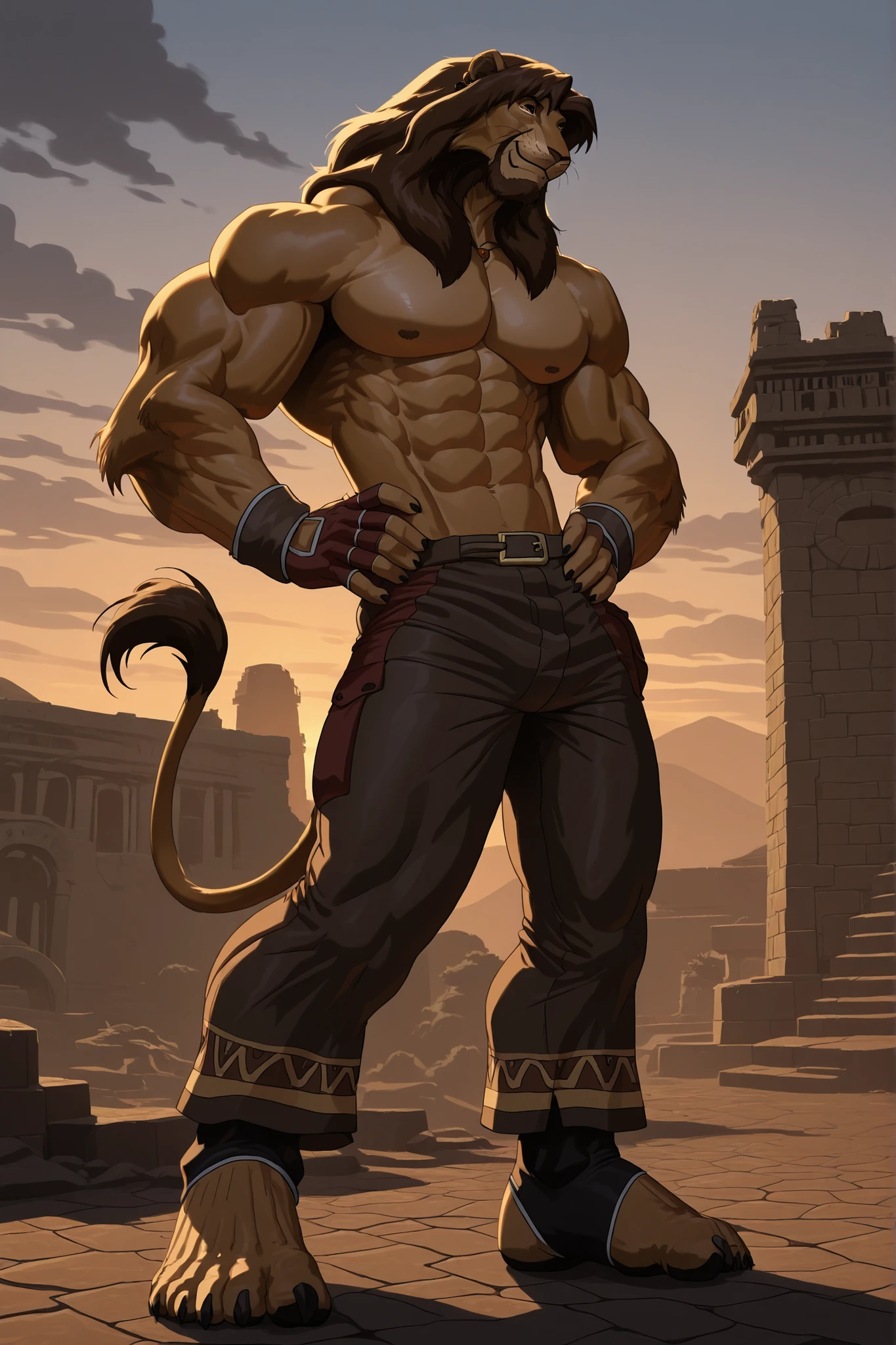 (masterpiece, highly detailed face, detailed realistic brown eyes), Galen Dhaelos, lion head, 1boy, solo, dark brown mane, muscular male, bara pecs, male, side view, dramatic lighting, full body, happy, standing, pants, hand on hips, looking forwards, windy, dawn, Aztec architecture, dark streets, from below