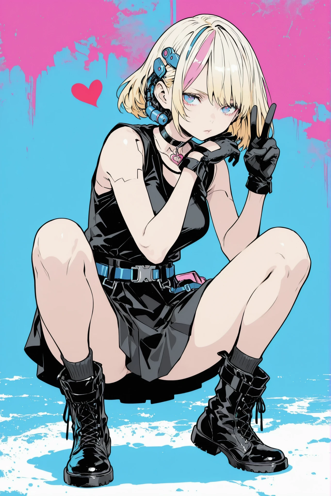 relaxed and cozy style,water color,(flat color:1.2),trk,
chibi 1girl, short hair, long blonde hair, intense gaze, cyberpunk fashion, crouching pose, peace sign, mechanical hair accessories, leather choker with heart pendant, sleeveless black top, black skirt, black leather gloves with buckles, thick-soled boots,A chibi character is standing in front of her crotch,hidden crotch,Cyberpunk or Urban Street, edgy aesthetic