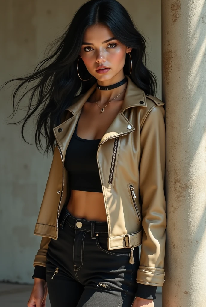 full-body-shot, beautiful 20-year-old very long black hair, blue eyes, bright red lips, model girl, in short top, leather pants, red leather jacket, high heels, slightly splayed in front of a white background, studio background, ultra photorealistic, cinematic 20mm f1,2