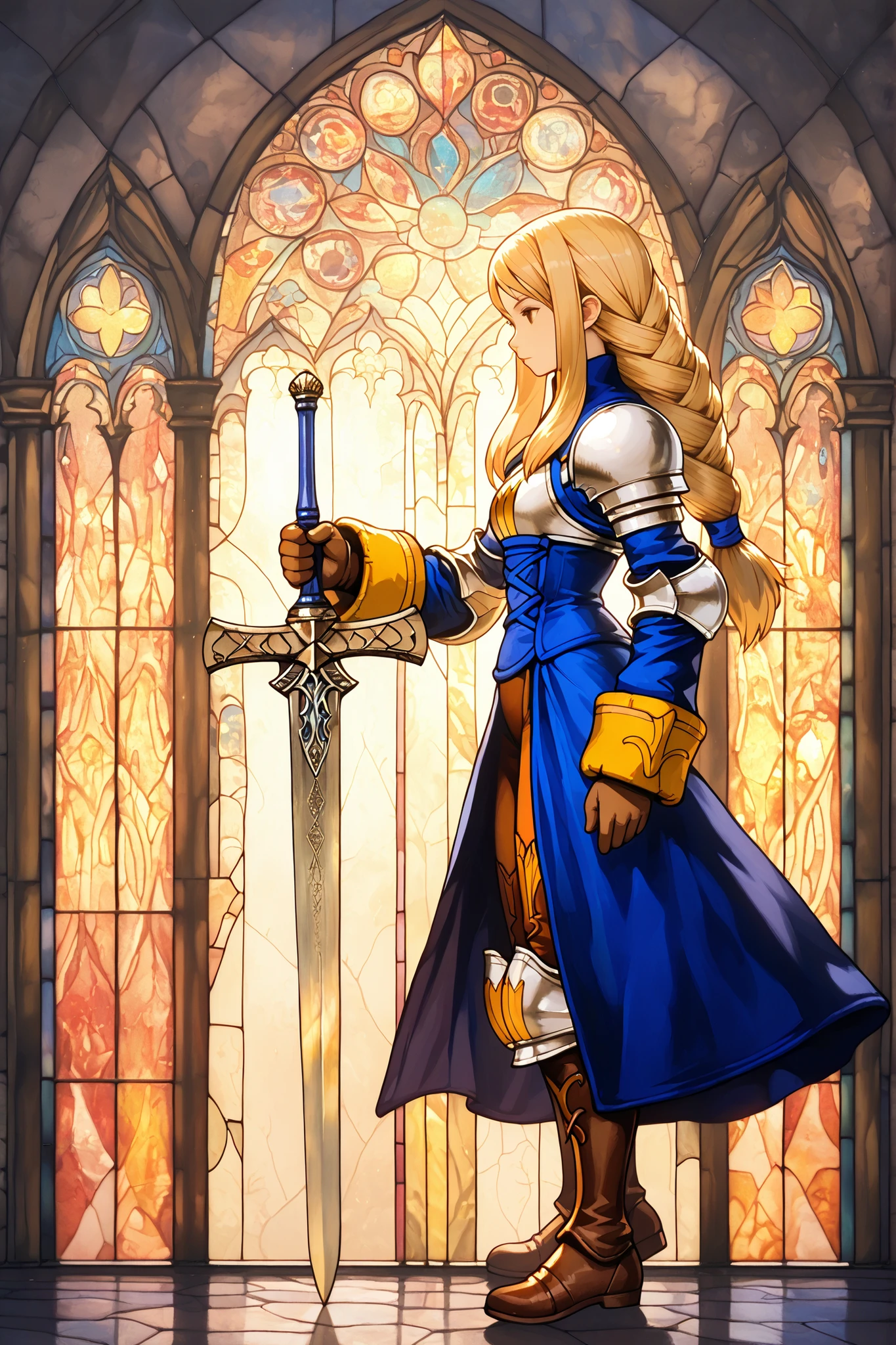 masterpiece, Character, Final Fantasy Tactics, Agrias Oaks, holding a sword, stained glass window, full body shot, Stained Glass art style