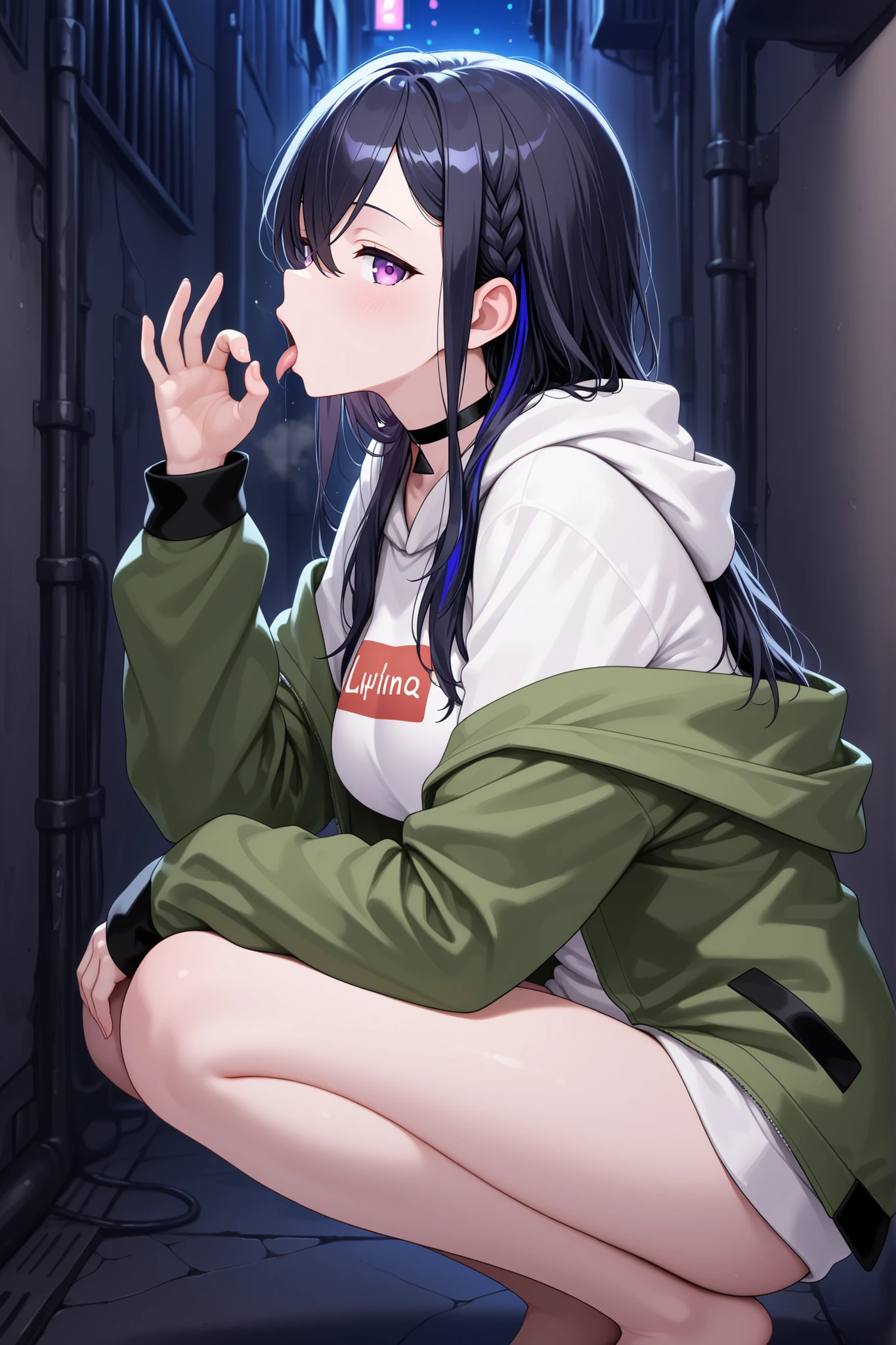 nsfw,Ichinose Uruha,aauruha, long hair, multicolored hair, black hair, braided bangs, purple eyes, , black choker, white hoodie, clothes writing, off shoulder, green jacket, open jacket, long sleeves, legs ,squatting,back alley,dark alley,night,fellatio gesture,side view,looking at viewer,high quality,high detailed,masterpiece