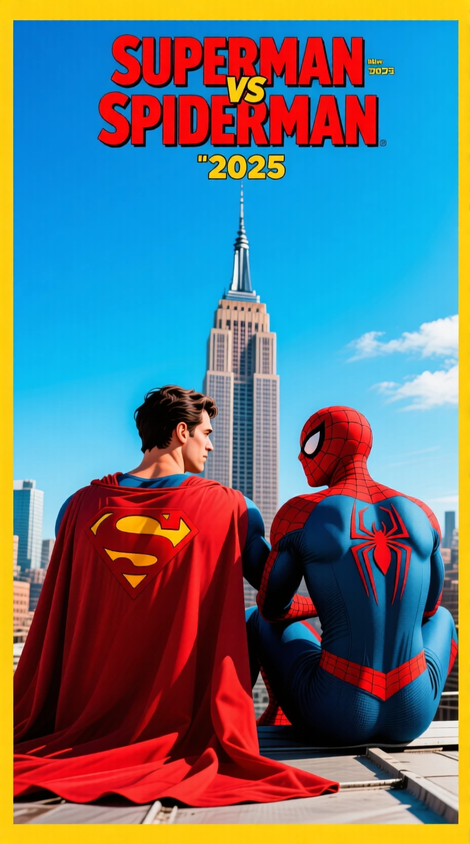 ((new yorkのエンパイア・ステート・ビルの屋根の上で互いの背中と背中を合わせて座るスーパーマンとスパイダーマンの真横のアングルのリアリスティックな写真の映画ポスター,("Superman vs Spider Man"))
"Realistic movie scene with a superhero, ((Superman with a red cave on his back:1.9、Spider-Man with a red spider-shaped emblem on his back wearing a mask:1.9)), American Hero live action movie with a red cave blowing in the wind,, ((Background: new york、with sunlight shining on the roof of the Empire State Building、cloudless blue sky)), ((The two are sitting with their backs to each other:1.9)), (("Superman vs Spider Man")), (a movie poster that is a live-action adaptation of an American comic), (A beautiful portrait with realistic colors), (( "SUPERMAN vs SPIDERMAN" "2025" The title written at the top center of the poster with text with a yellow border in red:1.9)),