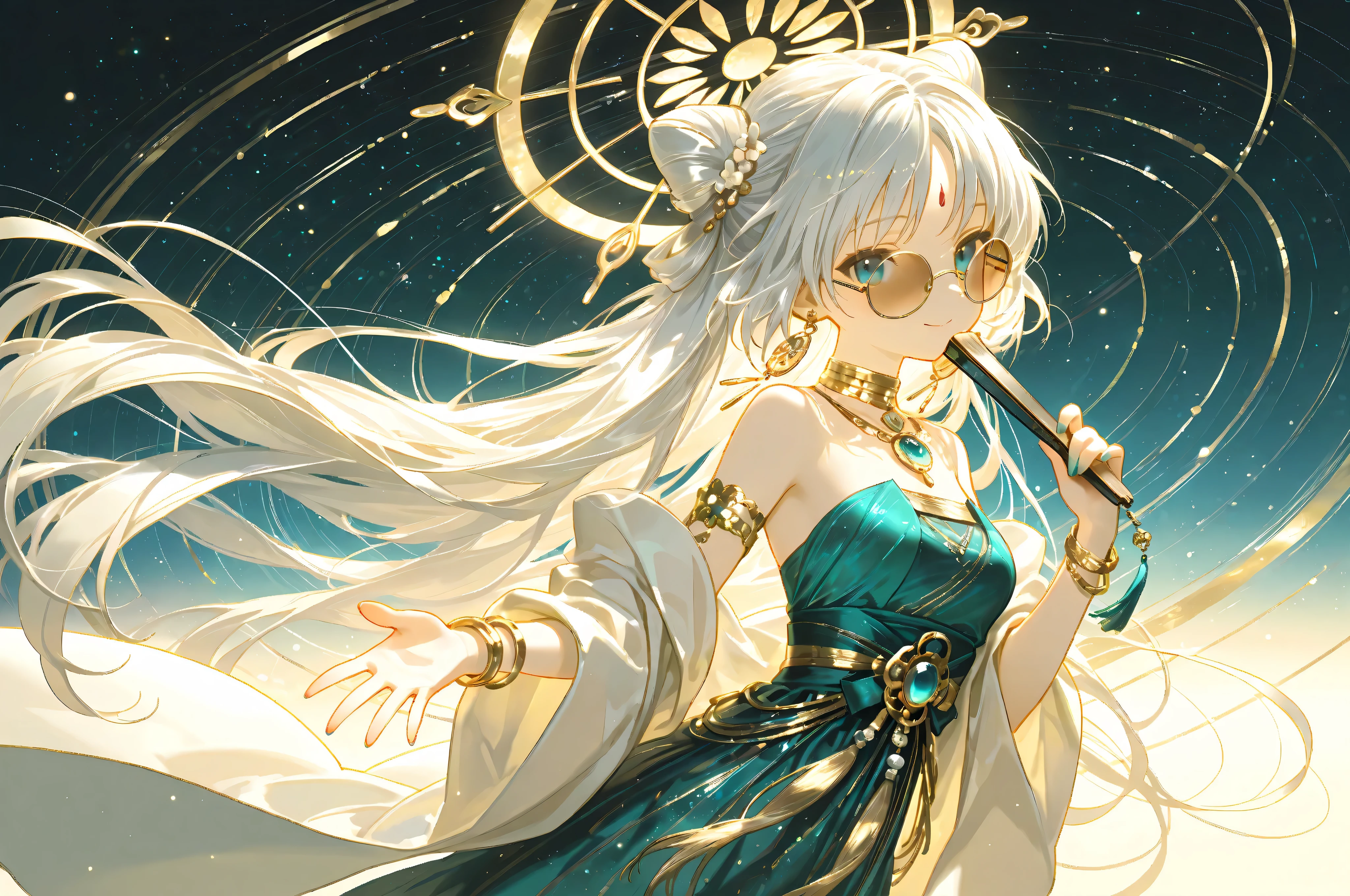 Medium shot, right side of the frame, facing left, beautiful woman with long silver hair silky and flowing, elegant Indian-inspired outfit in various shades of blue and teal with silver accents, celestial motifs, delicate jewelry with bindi and bangles, serene but confident expression, extending one hand forward as if holding or presenting something, ornate folding fan in the other hand, background: abstract celestial starry sky with circular orbital diagrams showing planets revolving around a bright sun at the center, mystical and conceptual atmosphere, soft lighting