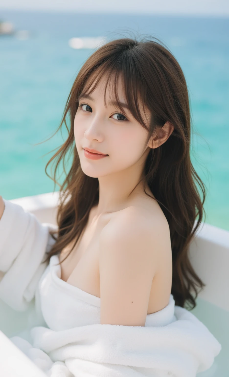 (top-quality、hight resolution、masterpiece:1.3)、Tall and cute woman、large full breasts、Dark brown hair styled in loose waves、large full breasts、Wearing a pendant、a white bikini、(Coast in the background)、Details exquisitely rendered in the face and skin texture、Detailed eye、二重まぶた、A smile、(sexually aroused blushing heavy breathing:1.0), (soft glow bloom:0.5),mole under eye:1.7,