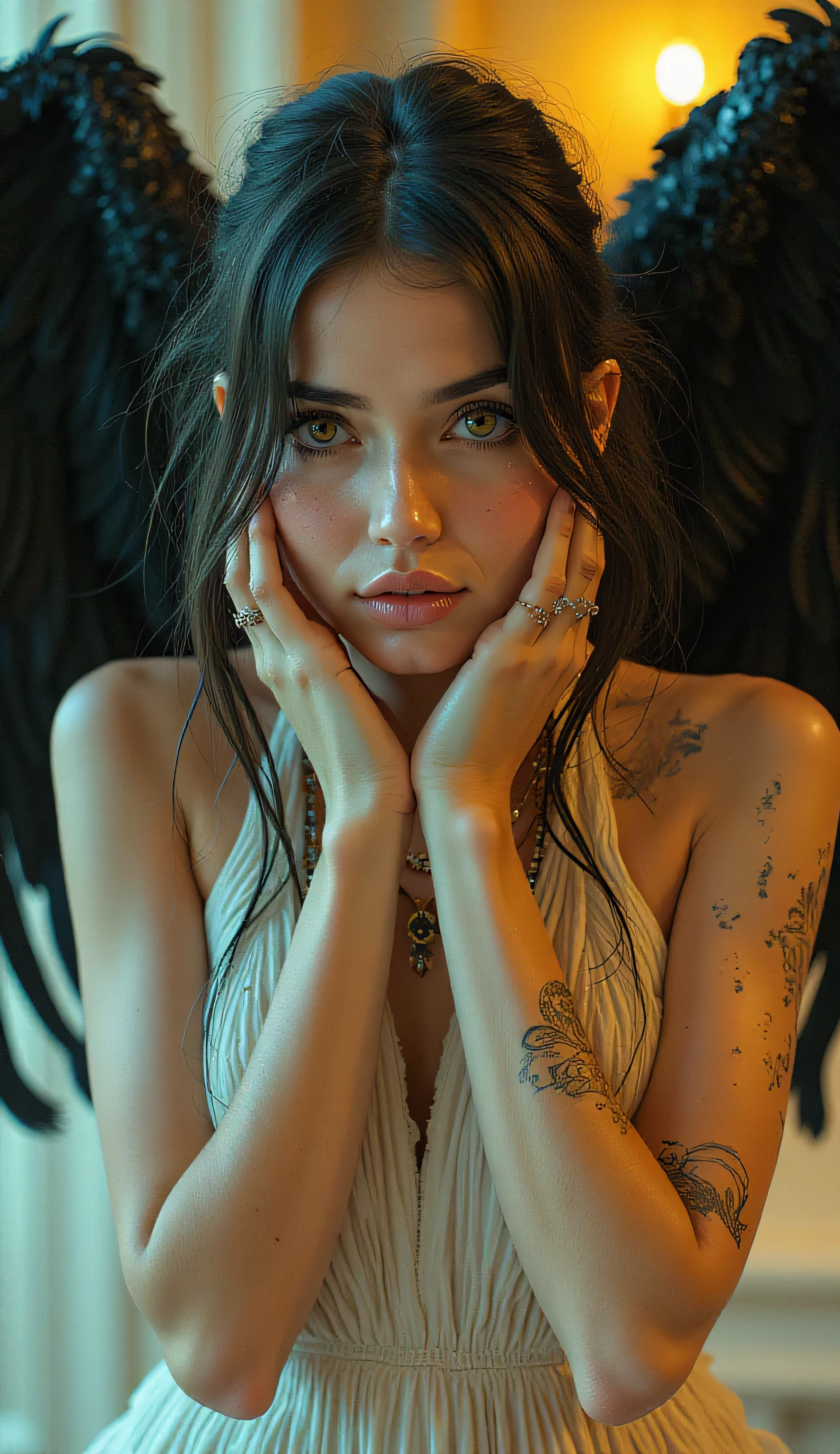 Detailed proportions and textures rendered with multi-colored spray paint and airbrushing present a semi-realistic illustration dominated by bright, vivid tones that contrast with the matte, warm tones of the background (full body, confident posture, bright eyes, defined eyebrows, long eyelashes, perfect face, full lips, huge, round breasts, flat stomach, wide hips, slim waist, thick thighs) (Foto RAW), A beautiful young woman with black feathered robotic bird wings, wearing a sheer off-white bohemian vintage dress, with her hands covering her face in a dramatic gesture, dramatic theatrical makeup, glistening tears, heartbroken pose, showing her broken (damaged) robotic wings with the fallen feathers around them. The background is a room, a studio and laboratory in vintage, Victorian style, dramatic lighting, yellowish theatrical lights, melancholic atmosphere, a play of gas lanterns and Victorian facades, classic opera photography style, film art photography. very balanced saturation in very defined color palettes (color with intense monochromatic shaded tones and brightness, red hue 25% + yellow 25% + blue 25% + biofluorescent 12.5% + transparencies 12.5%). Aesthetic fusion of (A realistic a Ángel cosplay. Fibonacci ratio. a Angel (Including a variety of dark pink and beige skin tones that give contrast and brightness) character type. Fluid texture that gives the sensation of movement to the leafy style that molds to the figure (Her embossed and pleated clothing gives volume and depth to the character). High fashion photoshoot (Full body Photo perspective of her). (Extremely detailed 8k Unity CG wallpaper), (best illustration), (best shading), realistic lighting, detailed and beautiful brightness. High and low angles. style fusion of Coco Chanel, Gianni Versace, Alberto Vargas