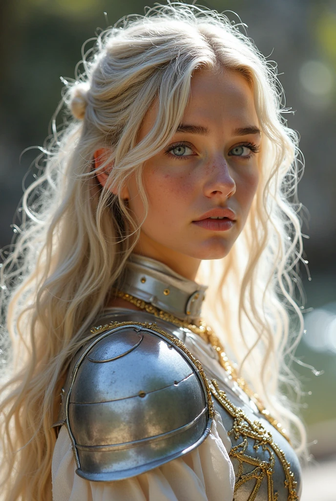 A girl with long, light blonde hair, her hair seemed to be blown by the wind, wearing white armor and a beautiful little tiara, holding a sword with the sharp end facing down with both hands while silently closing her eyes, feeling the gusts of wind.