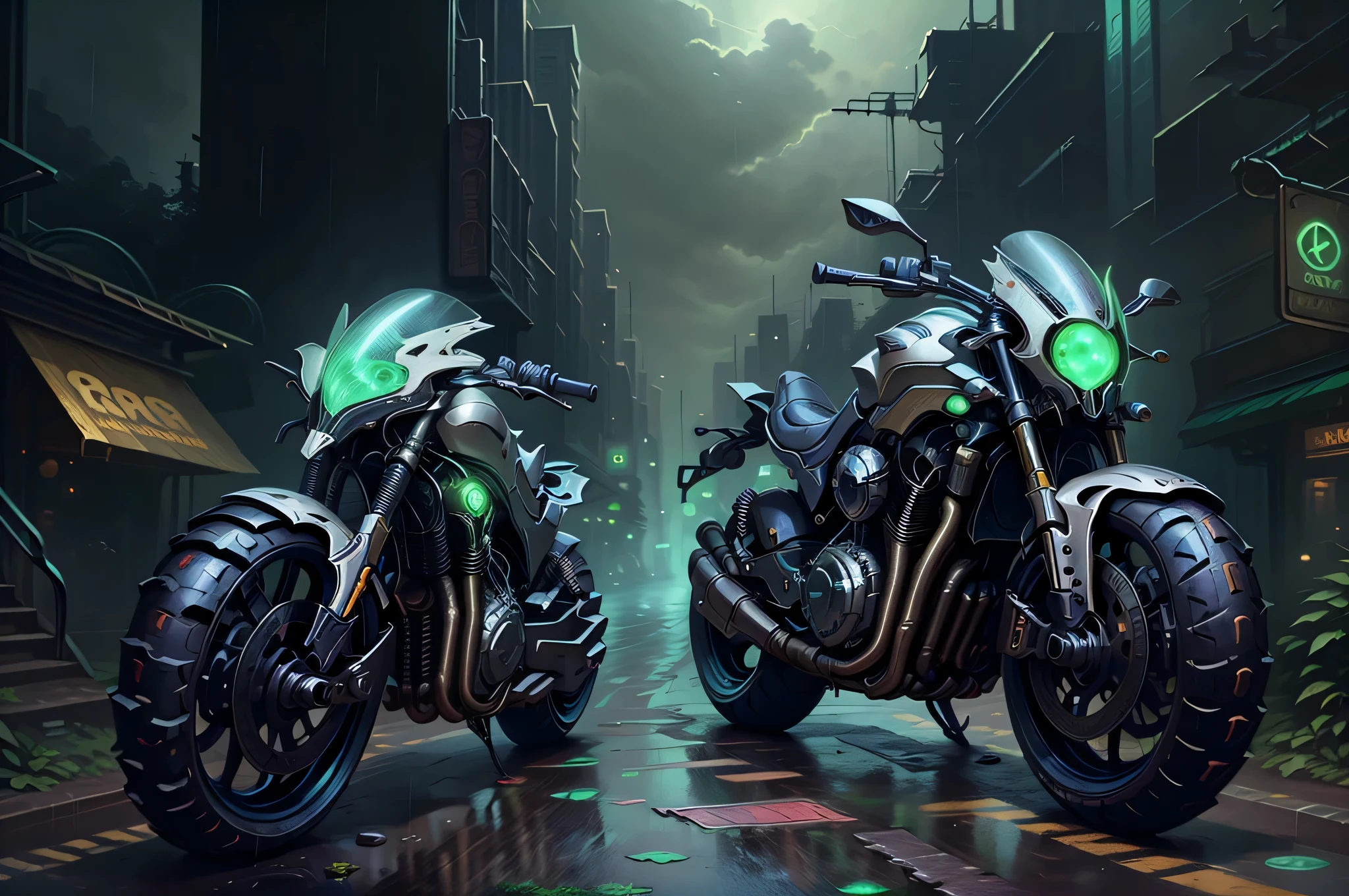 NerazimAI only one sport motorbike in cyberpunk street city at night neons rain fog , intricate, detailed
