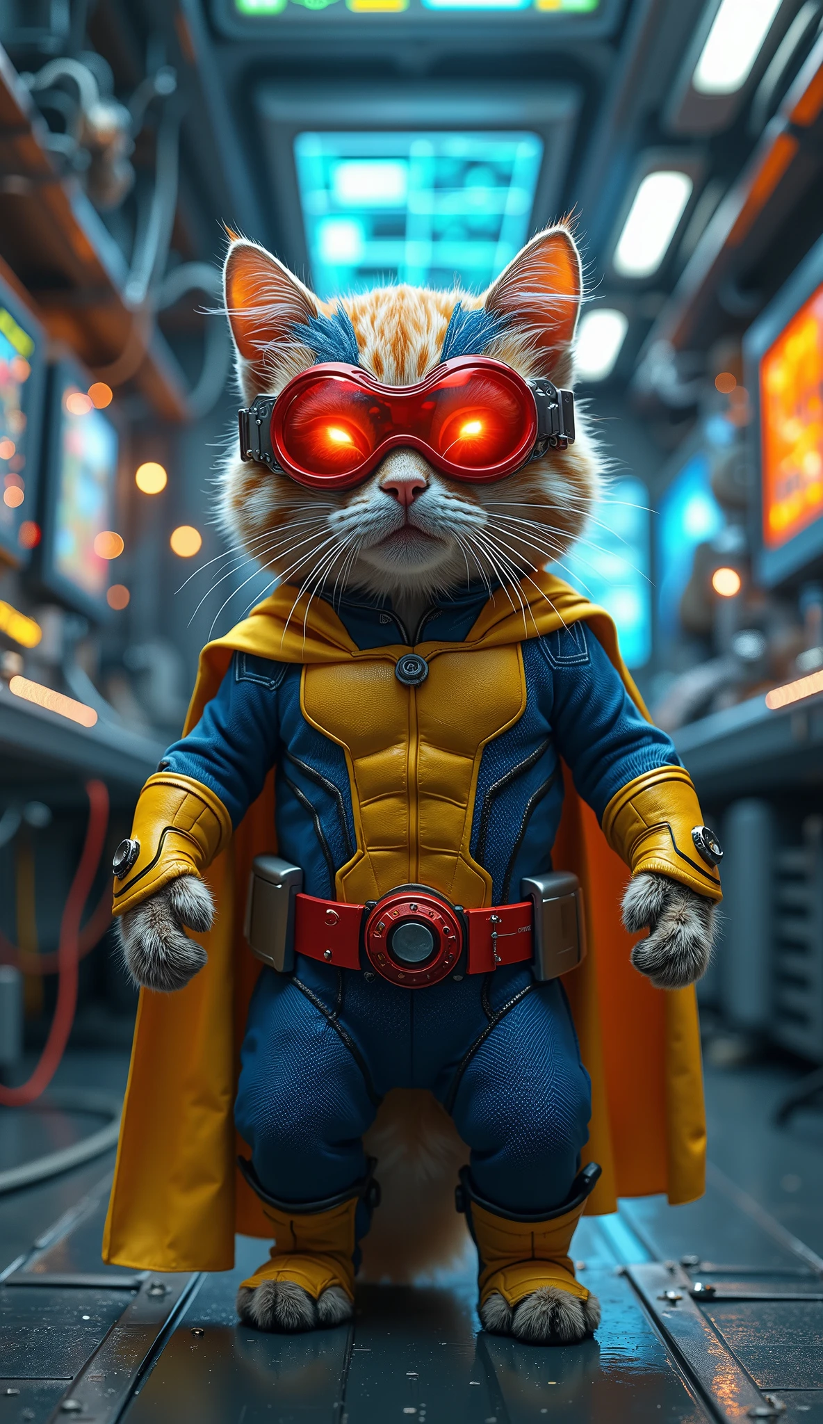 A cute yet heroic cat wearing a full Cyclops suit from X-Men, featuring the iconic blue and yellow design with a red visor mask glowing with energy beams. The cat stands confidently in a high-tech electronic laboratory, filled with futuristic consoles, glowing screens, wires, and advanced gadgets. The scene is rendered in ultra-detailed HD, with realistic lighting reflections on metal surfaces, vivid colors, and intricate textures, blending superhero power with feline charm.