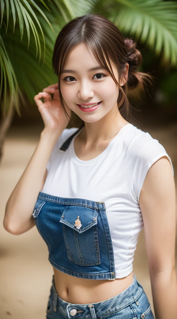 One girl,Long Hair,smile, ((Overalls)),(kitchen) 、RAW Photos, (photoRealistic:1.37, Realistic), Highly detailed CG integrated 8K wallpaper, View your viewers, (((Straight from the front))), (high qualityスキン:1.8, Shiny skin), 8K Ultra HD, Digital SLR, Soft lighting, high quality, Film Grain, Fujifilm XT3, ((Upper Body:1.6)), (Professional Lighting:1.6)、Large 、(:1.5、I'm not wearing anything)、(I want to see up to my knees:1.5)、whole body
