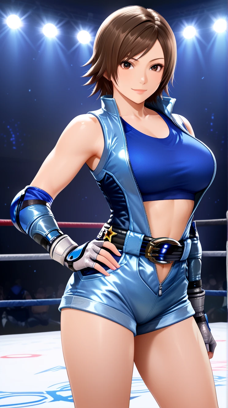 (masterpiece, high resolution, 4K,8K, best quality, ultra detailed ), perfect anatomy, (a woman, (Chun-Li), athletes, very short hair ) ,(((royal blue top)), Cybertic track jacket on the top:1.3), ((wearing black workout leggings:1.3) ,(((black side string of panties is shown at her waist from black leggings))), sweating, the background are buildings dazzling neon light, (sexy body) , (sexy ,beautiful, detailed face), athlete body, front view, standing attractive pose, looking at camera , good applying makeup, medium breasts, cleavage, midriff peek and abs, glistening skin, detailed background 