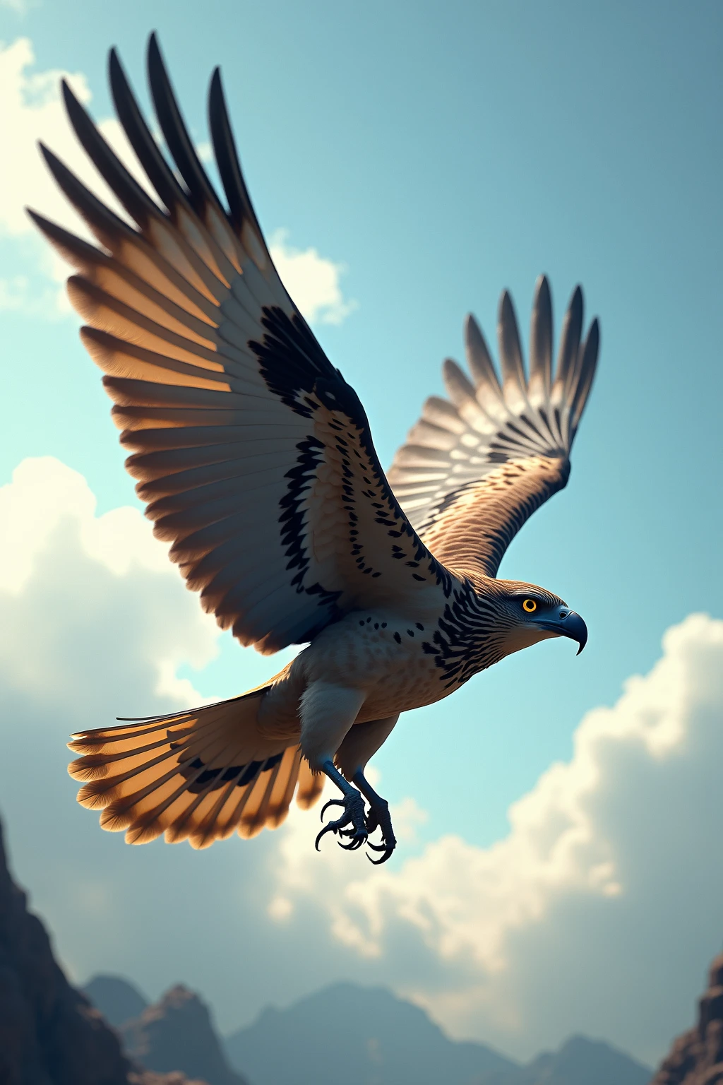 A bald hawk that flies with its wings spread wide in the sky,