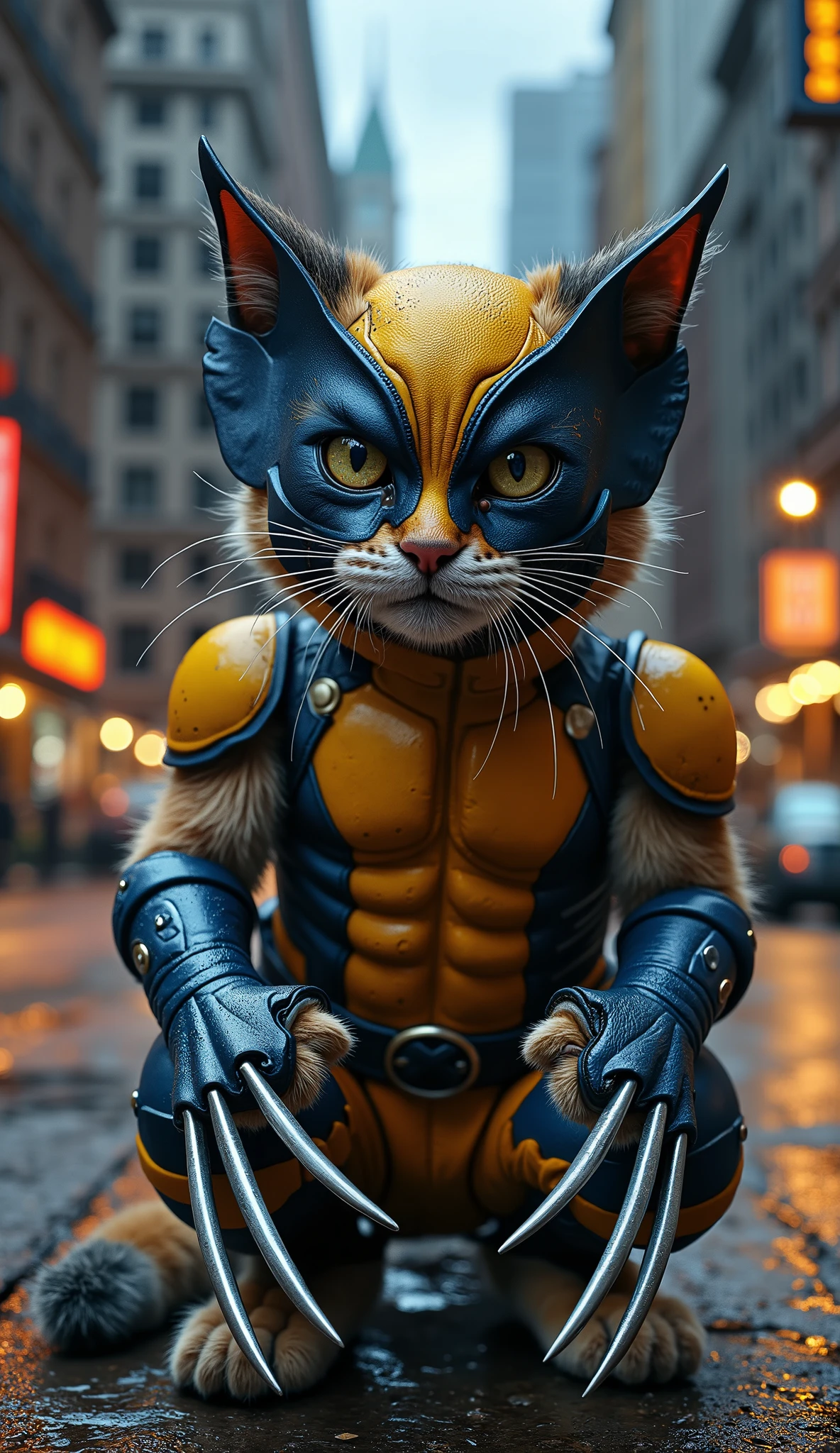 "A fierce and adorable cat wearing a full Wolverine suit with the iconic yellow and blue design, including sharp metallic claws extended from its paws, and a detailed Wolverine mask covering its face. The background is a realistic, high-definition cityscape with tall skyscrapers, glowing streetlights, and bustling streets at night, rendered in ultra-detailed HD, cinematic lighting, and sharp textures, capturing the mix of superhero intensity and feline cuteness."