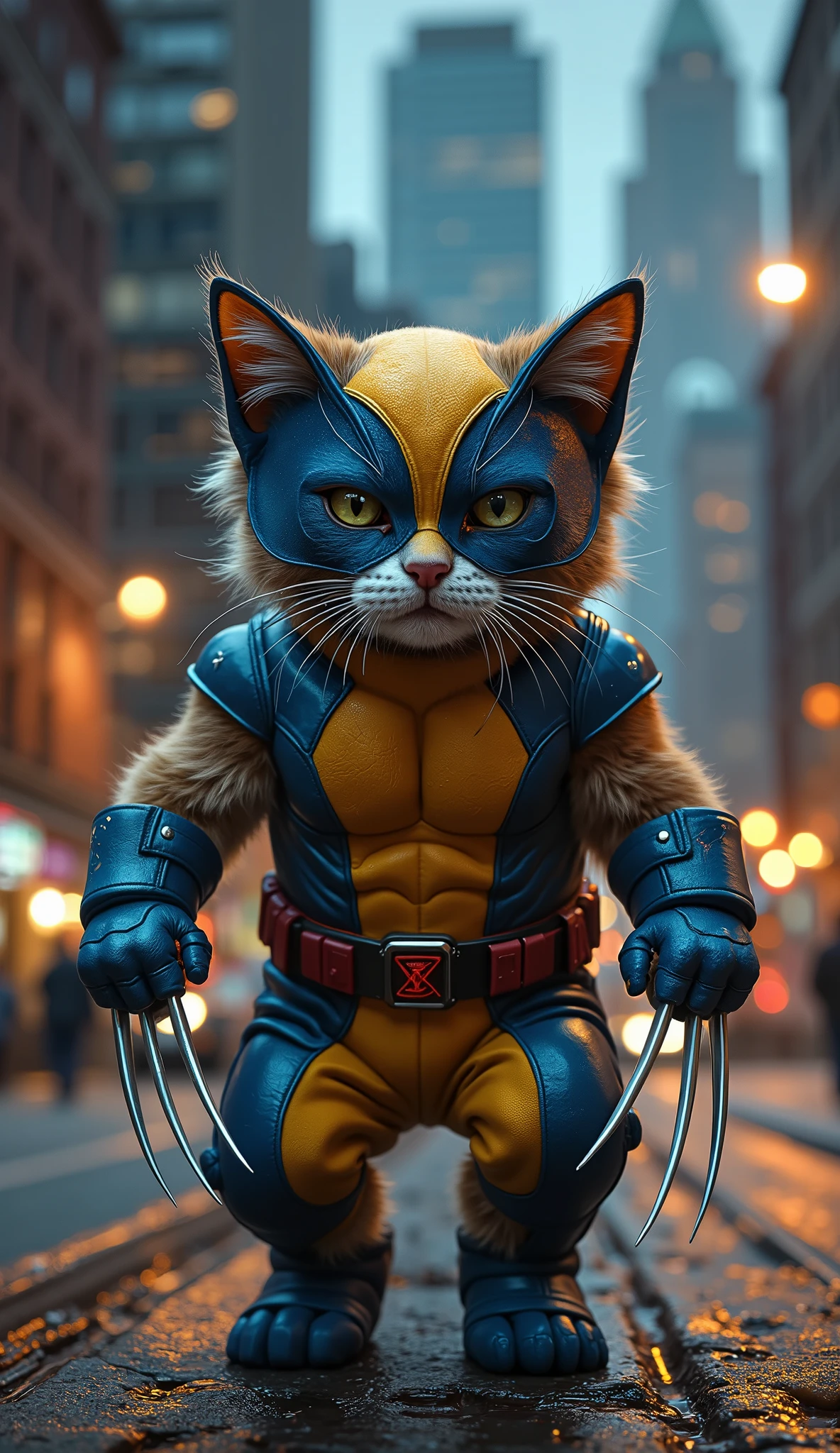 "A fierce and adorable cat wearing a full Wolverine suit with the iconic yellow and blue design, including sharp metallic claws extended from its paws, and a detailed Wolverine mask covering its face. The background is a realistic, high-definition cityscape with tall skyscrapers, glowing streetlights, and bustling streets at night, rendered in ultra-detailed HD, cinematic lighting, and sharp textures, capturing the mix of superhero intensity and feline cuteness."