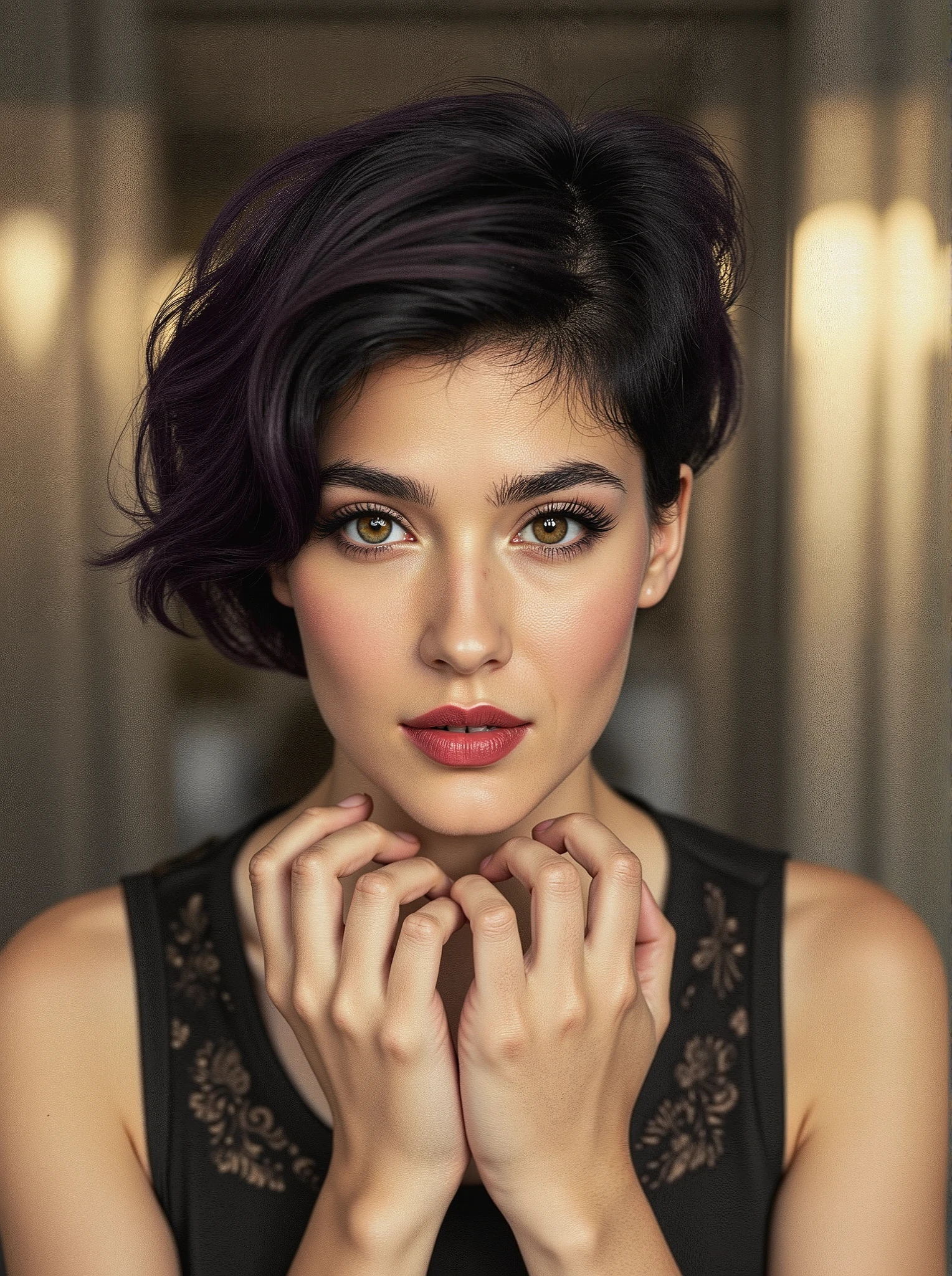 Portrait of a young woman with dark hair, Art Nouveau style, whimsical, bright colors, detailed eyes, graceful anatomically correct hands, digital art in the style of silver Age painting, smooth gradients, stylized background, sepia, aged image.