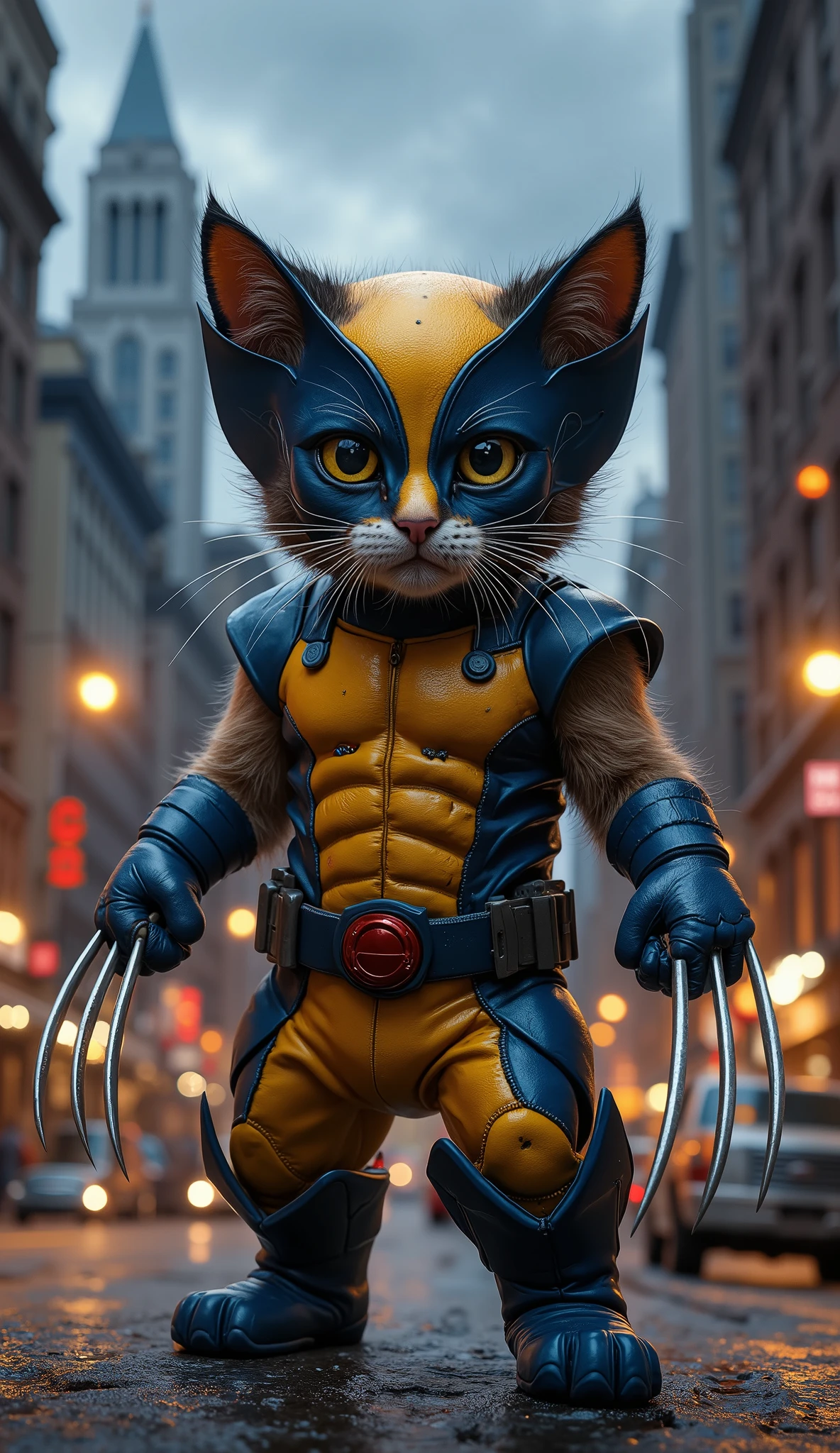 "A fierce and adorable cat wearing a full Wolverine suit with the iconic yellow and blue design, including sharp metallic claws extended from its paws, and a detailed Wolverine mask covering its face. The background is a realistic, high-definition cityscape with tall skyscrapers, glowing streetlights, and bustling streets at night, rendered in ultra-detailed HD, cinematic lighting, and sharp textures, capturing the mix of superhero intensity and feline cuteness."