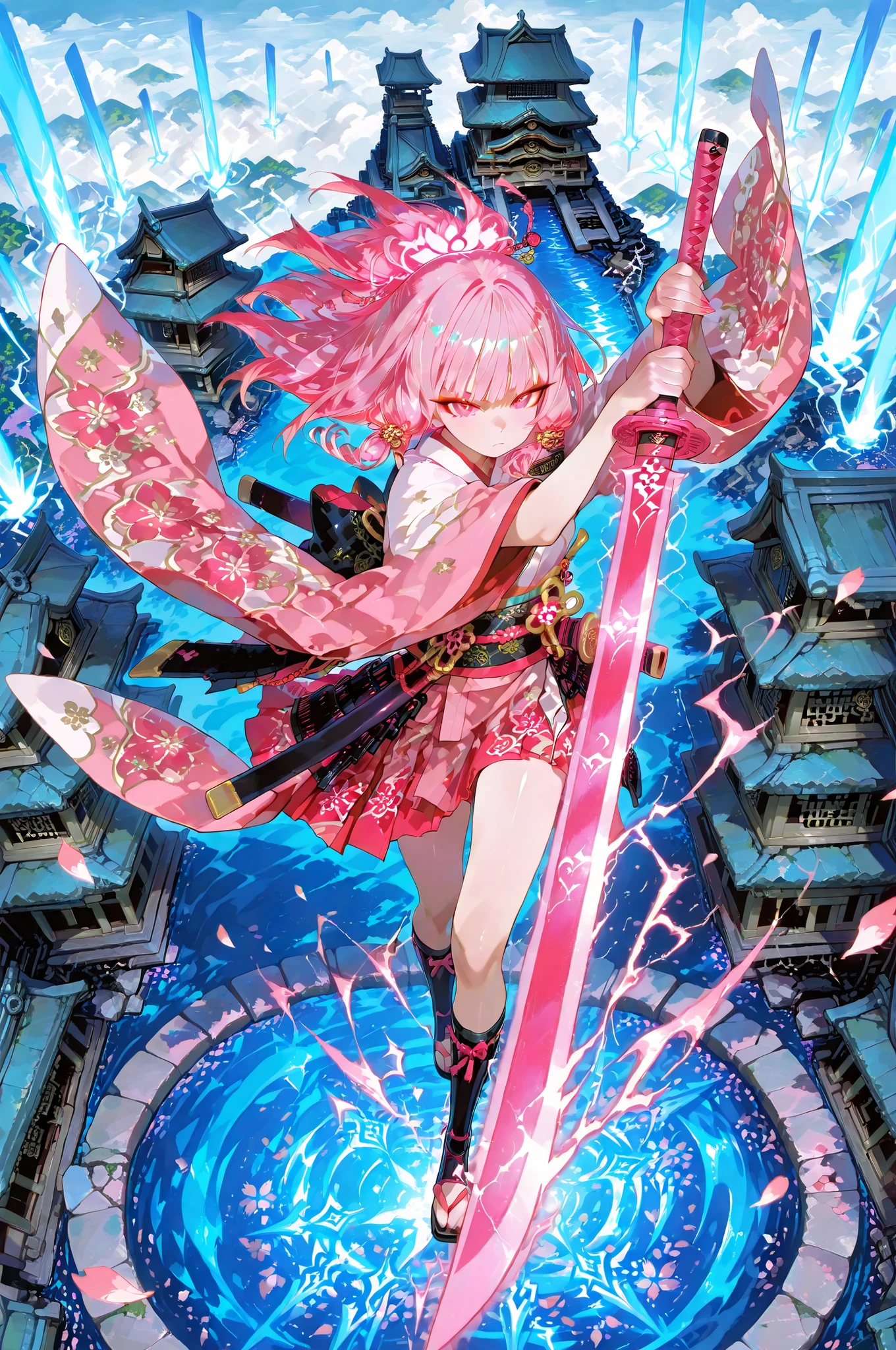 visiosomni,Outstanding Works,Slightly realistic, Excellent quality, Very Beautiful, 超high resolution, high resolution,anime style,, fierce samurai in flowing kimono armour floating in the air, huge katana swings dramatically, magical foxfire flames and ruins of an ancient Japanese temple in the background, bird's eye view from high above, asymmetrically ornate composition, glowing cherry blossom petals swirling in the light of dawn and lightning, vibrant reds, blues and pastel pinks, super dynamic, epic scale! Vibrant reds, blues and soft pinks, super dynamic, epic scale, detailed textures, dynamic poses, strange poses! Dental protrusion