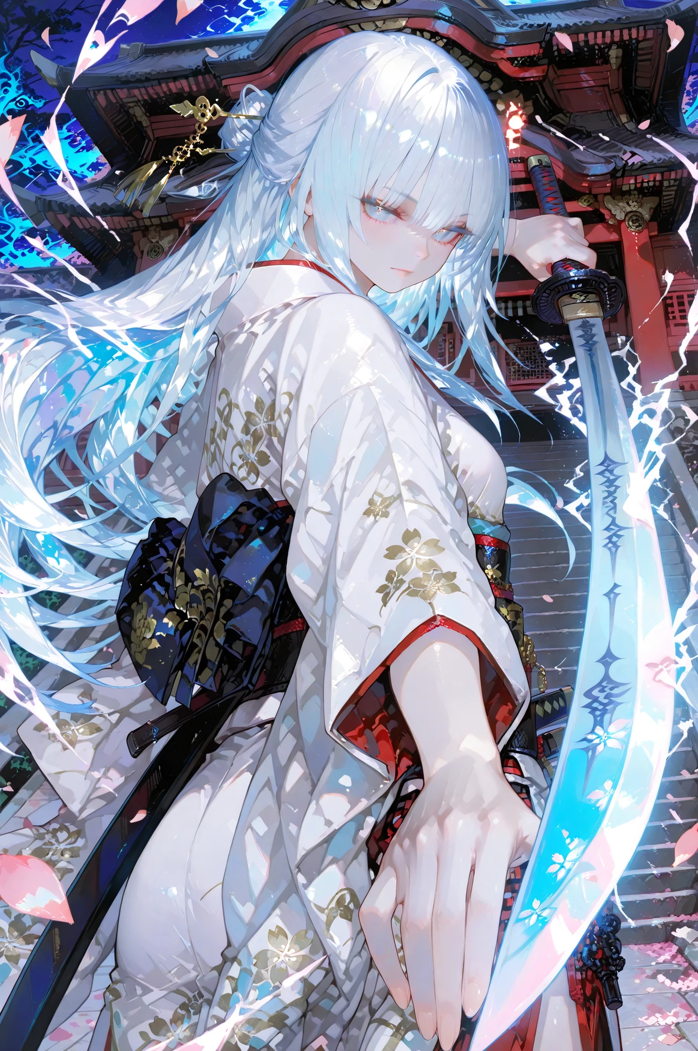 gatotsu stance, weapon, sword, katana, holding weapon, holding, holding sword, foreshortening,,Dream Vision,Outstanding Works,Slightly realistic, Excellent quality, very beautiful, 超high resolution, high resolution,anime style,The film, titled "Samurai Sword", jumps at the viewer from an extreme perspective in flowing white kimono armour with ice blue accents, huge katanas with magical fox flames and the remains of ancient Japanese temples set against a backdrop of silvery shimmering whites and pale blues, asymmetrically twisted compositions, glowing white cherry blossom petals swirling with crystal lightning in the silvery light of dawn, pale whites and icy blue hues, and a super-kinetic and epic scale. Hyperkinetic and epic scale. View from the top of the back, dentate pose
