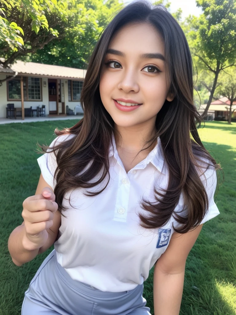 Indonesian high school girl, , , beautiful, black hair, , realistic, masterpiece potrait.