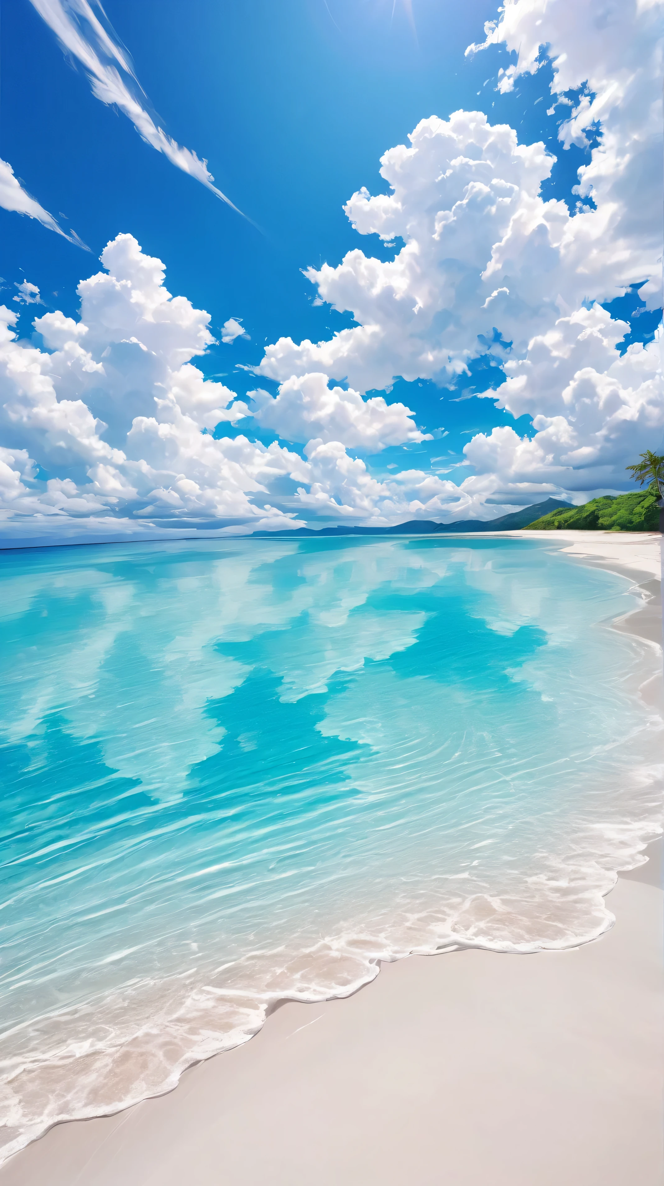 8K ultra high resolution, pristine white sand beach, crystal-clear turquoise ocean water, vibrant blue sky with beautiful fluffy cumulus clouds, serene and natural sunlight, soft haze on the horizon, highly detailed textures and natural color grading
Emphasize: mirror-like calm water surface reflecting the sky and clouds, gentle waves lapping the shore, wet sand near the shoreline also reflecting the sky, subtle specular highlights
Composition: wide-angle, cinematic, untouched nature, no people, buildings, boats, ships, or animals
Style: photorealistic, high dynamic range, crisp detail, balanced contrast, soft atmospheric depth