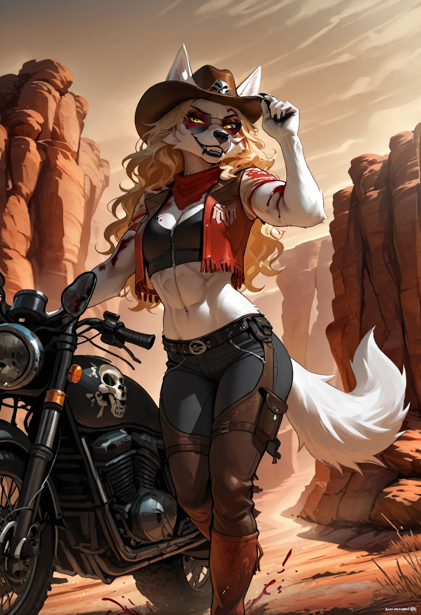 master masterpiece, 4k, score_9 , score_8_up , score_8 , score_7_up score_6_up score_5_up score_4_up, best quality, ultra-detailed, canyon, solo, 1girl, blood, furry, hunting furry, anthro, wolf furry, white fur, athletic body, muscular body, black lips, yellow eyes, black lips, looking at viewer, long hair, displayed, arrogant, narcissistic, blonde, wavy hair, sunglasses, closed clothing, country biker, biker, country clothes, red cowboy scarf, red eyeshadow, blood, very blood, mad max, cowboy hat, cowgirl, ridding a motorbike, motorbike, skull details, skull, eps.