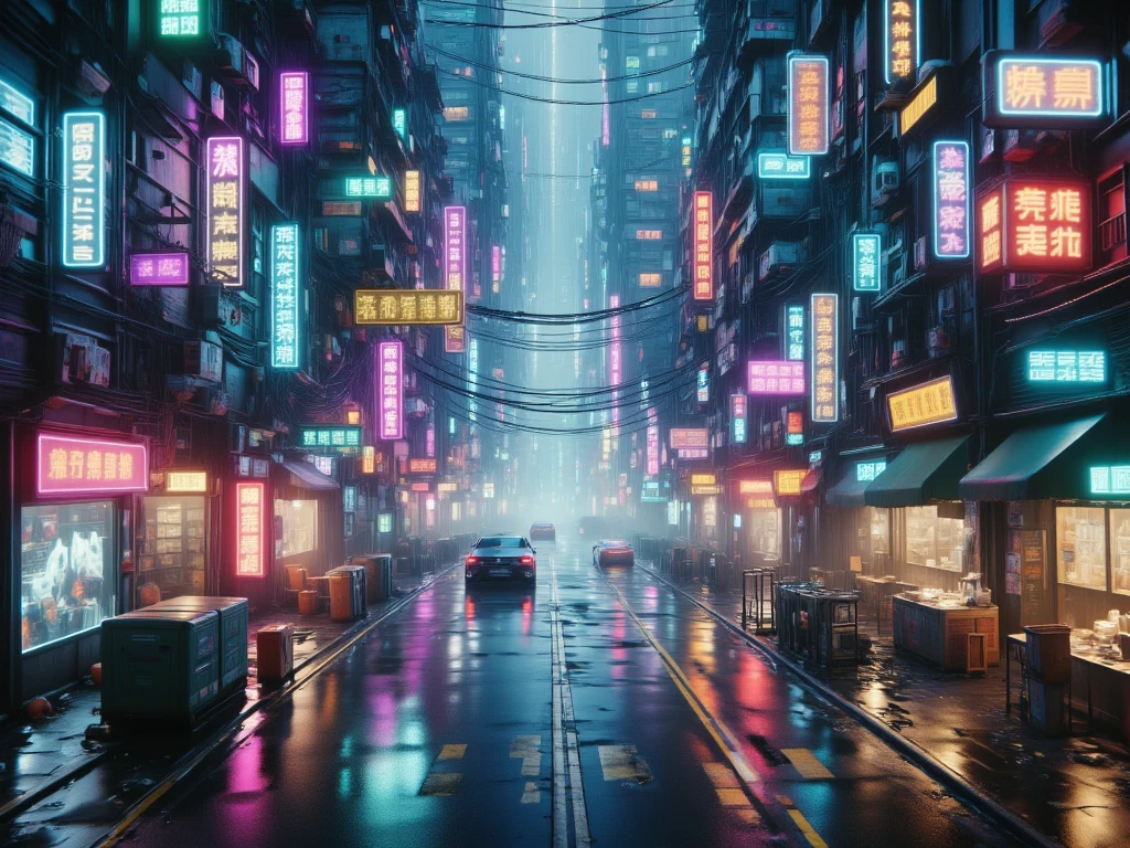 ((High angle,Overview)), cinematic rainy cyberpunk city street at night ...