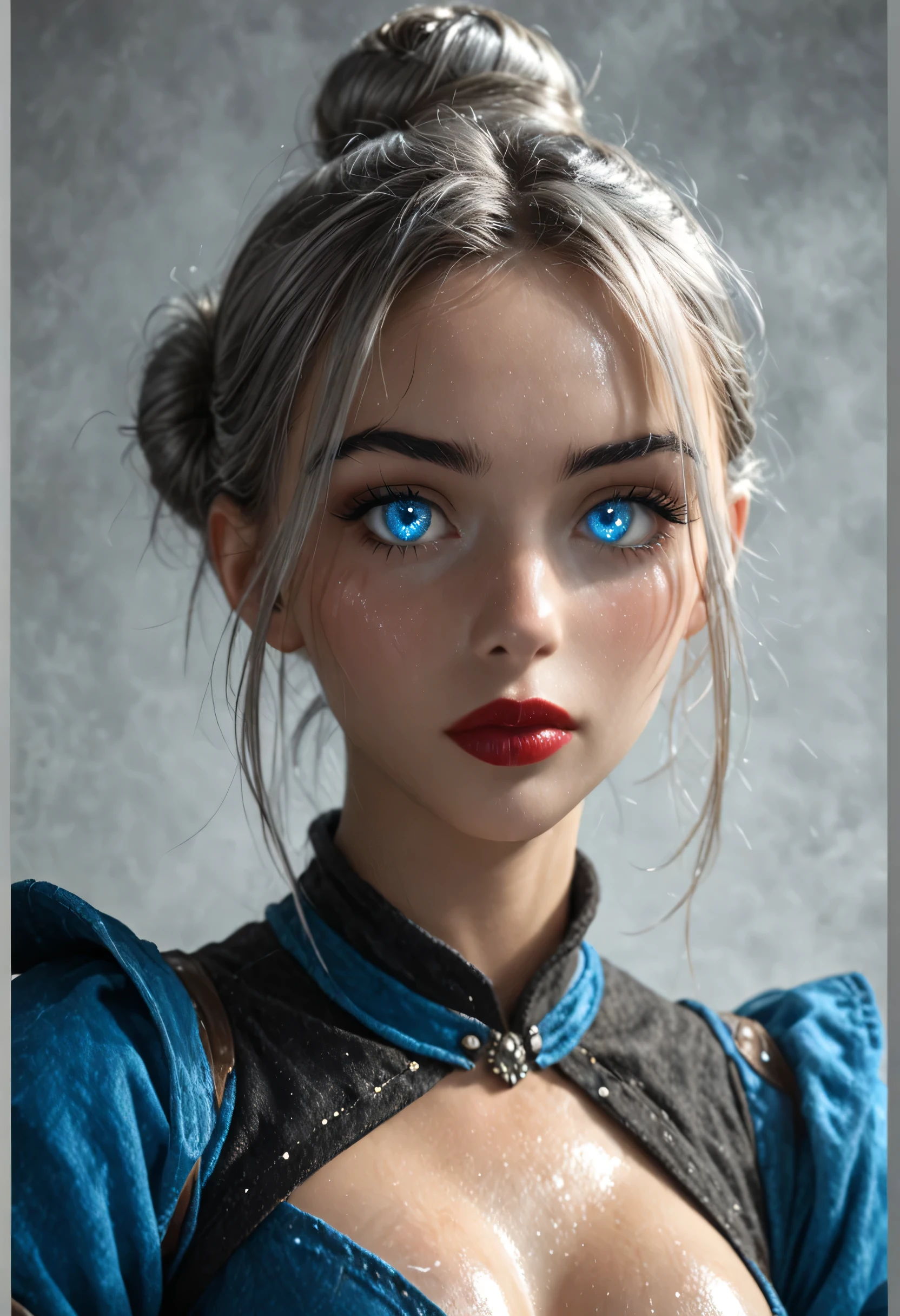 simple background, perfect face, (hair bun, bright silve hair), (forehead), black thin eyebrows, (big glowing blue eyes), thick red lipstick, beautiful woman, fantasy medieval clothes, medium breasts, (pov), (looking at viewer), (((shiny skin)))