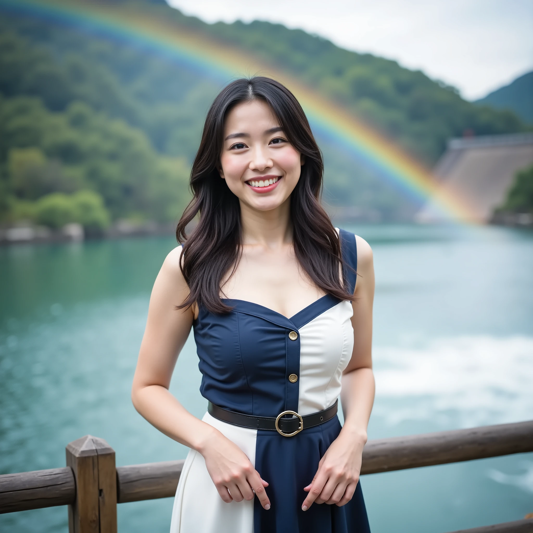 『1 Japanese Woman:1.3』『real pictures:1.3』Highest Quality:1.2、((big breasts))、 A little bit of her chest is visible through the window、((A young woman aged 20 ))、『teeth:1.9』、(((anatomically accurate、perfect anatomy、anatomically accurate指)))、slender body,realistic, Highest Quality, super high resolution, raw photos, (curved body)、full body, Smiling like an idol, Weir at a tourist spot,Kurobe dam, Navy blue and white dress、 Chic and mature design, Weir seen from above, A weir is a facility for storing water,Lake on the left, Dam on the right, Water is being released with force, Rainbow over it