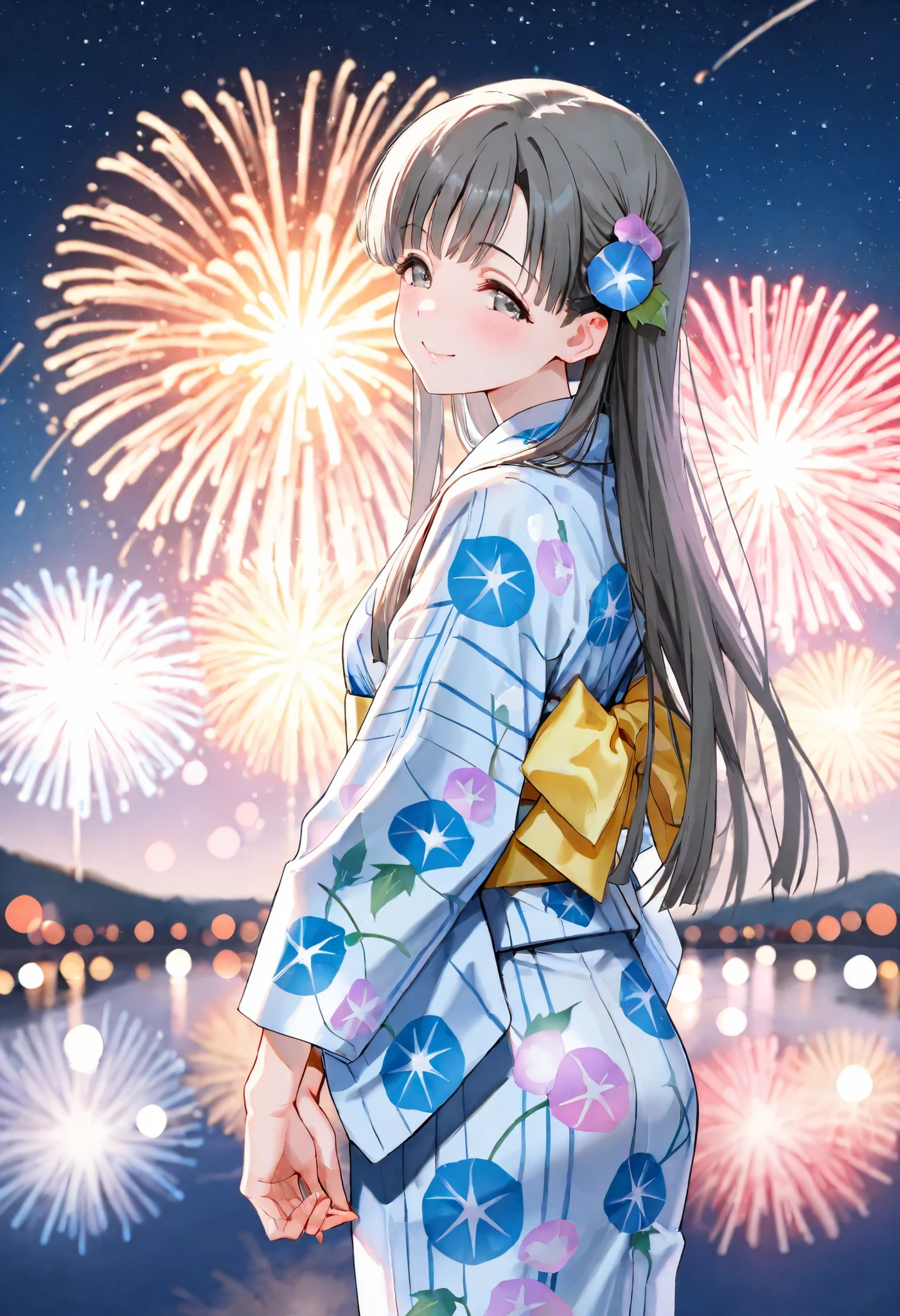 (Best Quality, super detailed, masterpiece, 8k, 16k, Wallpaper, Anatomically correct, fine detailed skin, fine detailed eyes, fine detailed hands, Accurate hands), starry sky, detailed night sky, hight contrast, Fireworks in the background, 1girl standing, from behind, kobayakawa sae, solo, short body, seductive smile, v arms, (wearing a (blue) yukata), (Morning glory pattern)blue yukata, ((yellow) obi), Looking at Viewer, detailed background, Fireworks, Film Reflection, Depth of Field, bokeh, moya, pastel color,