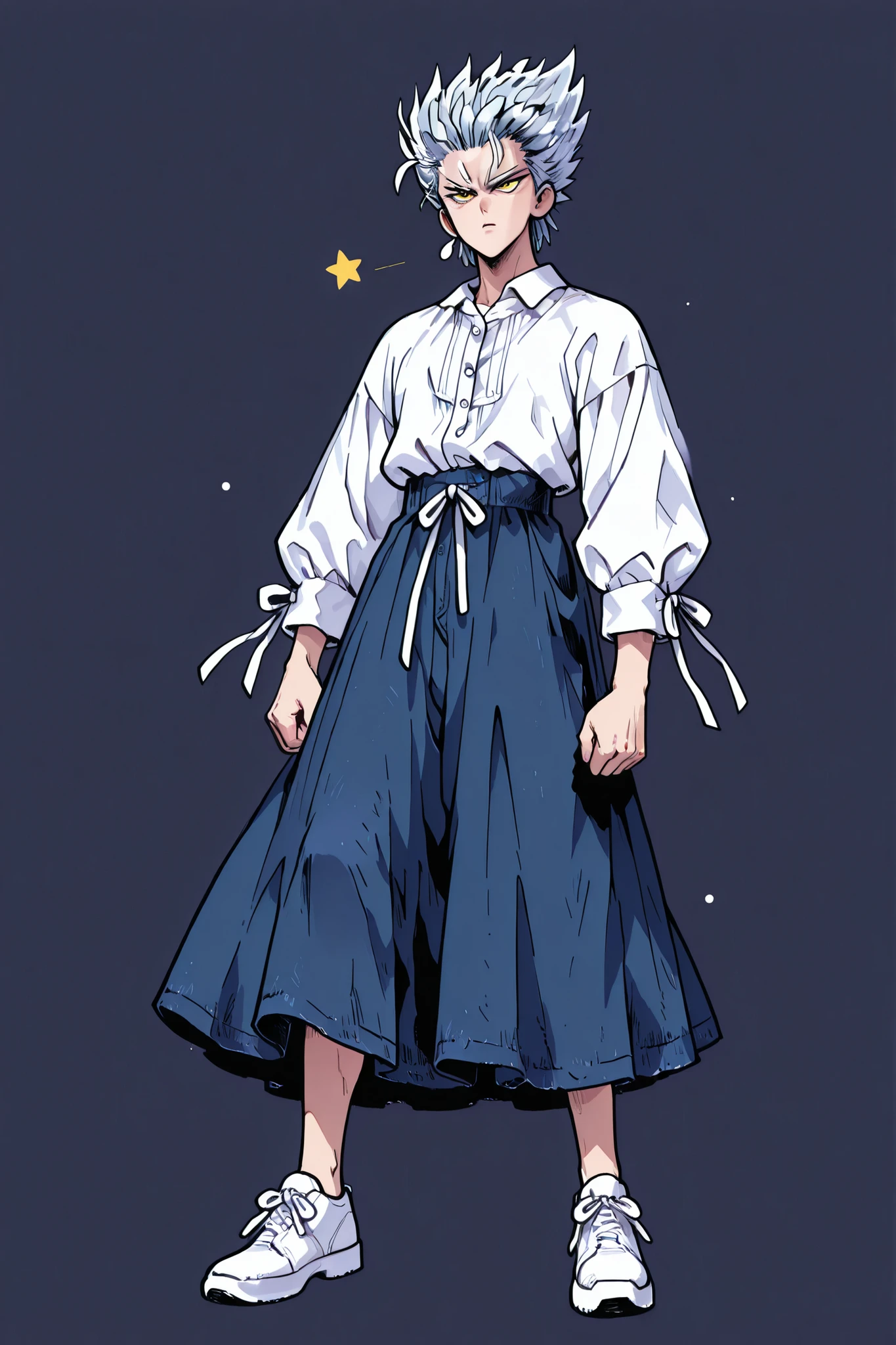 One Punch Man [Garou] illustration,Silver Hair,Silver eyebrows,yellow eyes,full body,Original Style, guy,adult, clean background  *Karin wears a white pearl button ribbon blouse and a dark blue denim flared back banding skirt, medium length*