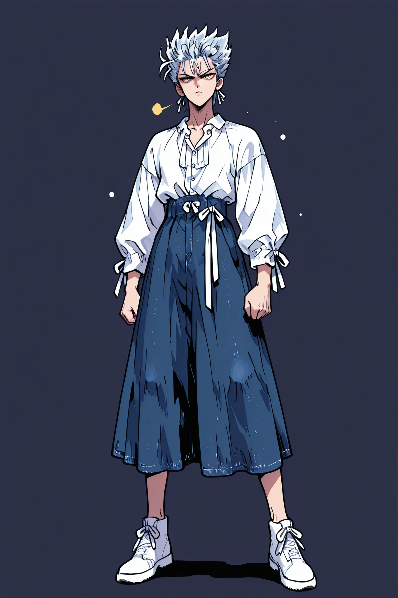 One Punch Man [Garou] illustration,Silver Hair,Silver eyebrows,yellow eyes,full body,Original Style, guy,adult, clean background  *Karin wears a white pearl button ribbon blouse and a dark blue denim flared back banding skirt, medium length*